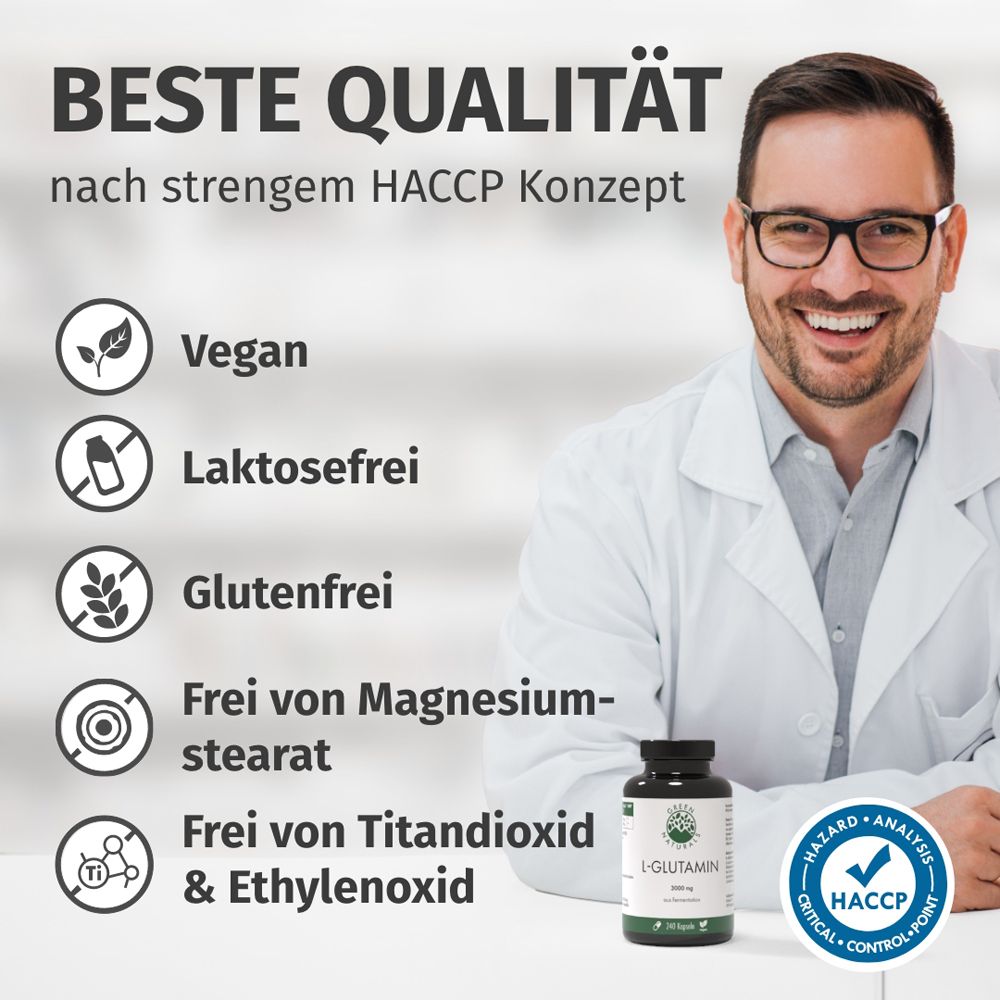 Homme avec des lunettes. Texte : MEILLEURE QUALITÉ selon le concept HACCP. Végétalien, sans lactose, sans gluten, sans stéarate de magnésium.
