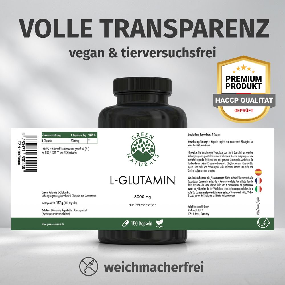 Flacon avec étiquette. Texte : TRANSPARENCE TOTALE, végétalien et sans expérimentation animale. Produit premium, qualité HACCP, vérifié.