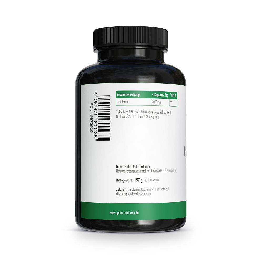 Dos du flacon. Texte : GREEN NATURALS L-Glutamine 3000 mg. Informations nutritionnelles, ingrédients, informations du fabricant.