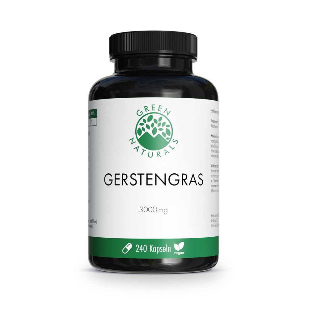 Schwarze Flasche mit weißen Etikett. Aufschrift: GREEN NATURALS, Gerstengras 3000 mg, 240 Kapseln, vegan.