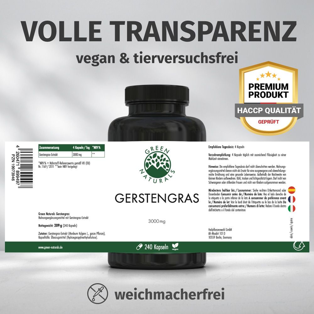 Produktflasche mit Etikett. Text: Volle Transparenz, vegan & tierversuchsfrei. Premium Produkt, HACCP Qualität. 240 Kapseln.