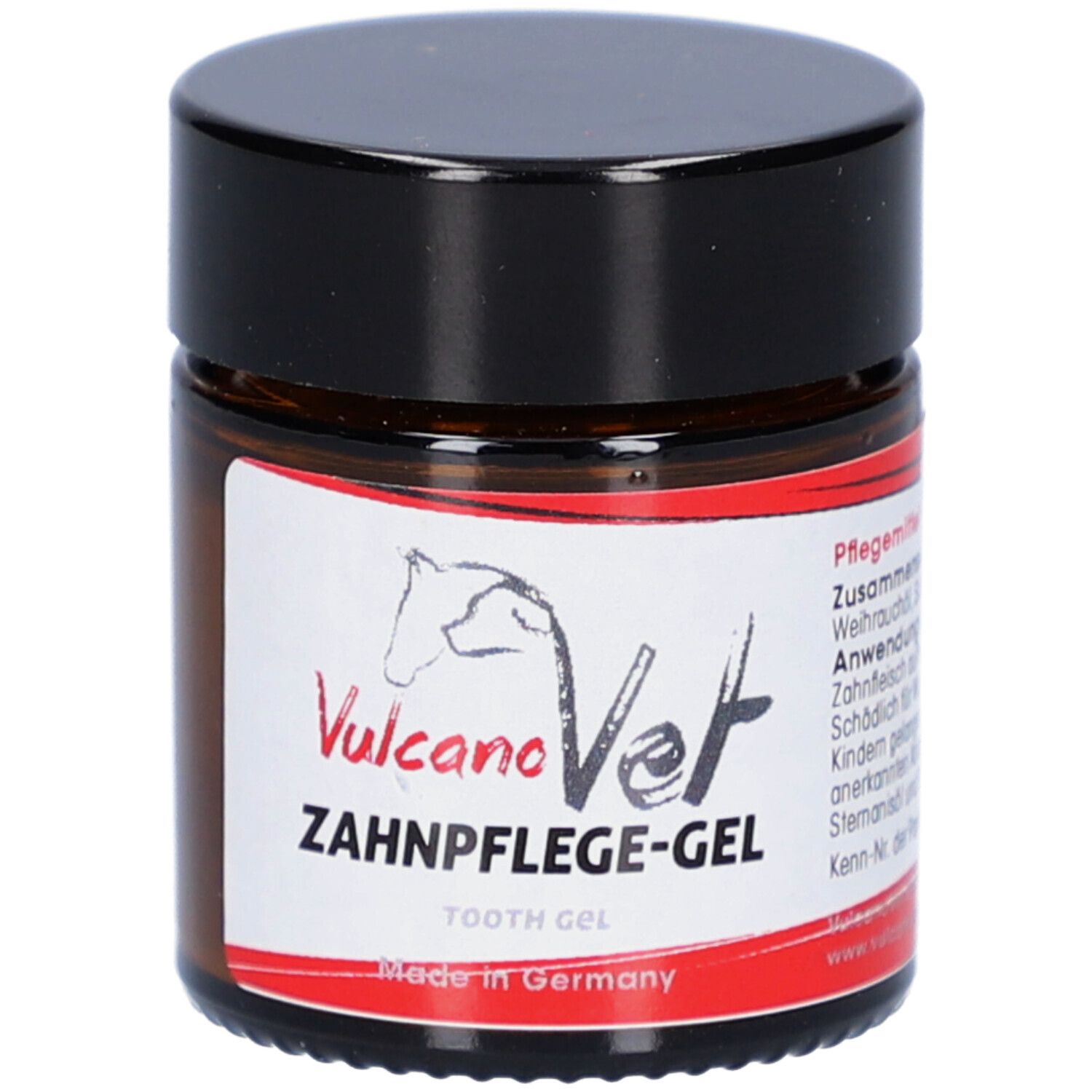 Pot en verre brun avec couvercle noir. Étiquette avec nom du produit et logo: VulcanoVet Zahnpflege-Gel. Fabriqué en Allemagne.