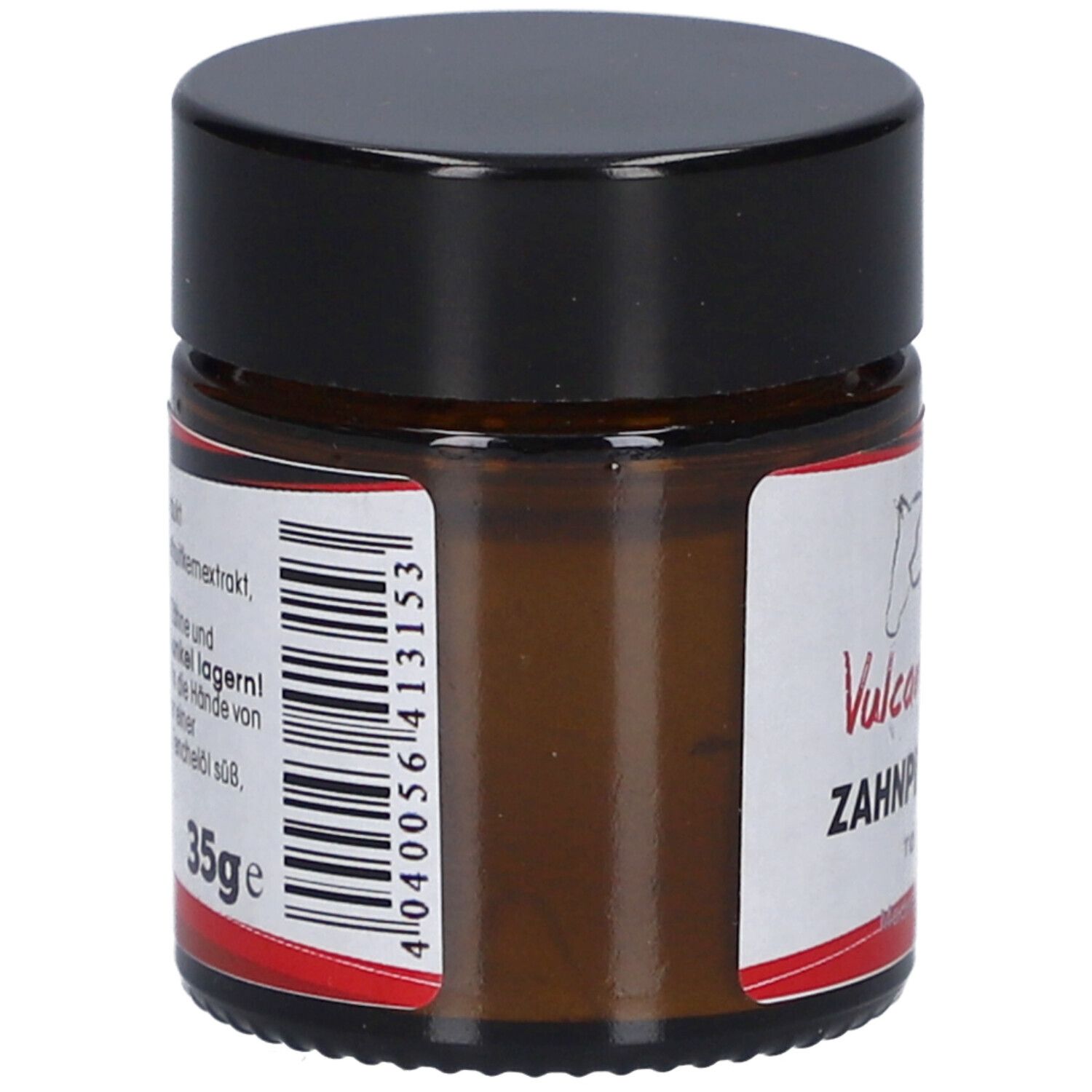 Pot en verre brun avec couvercle noir. Étiquette avec informations sur le produit et code-barres. Inscription: 35g.