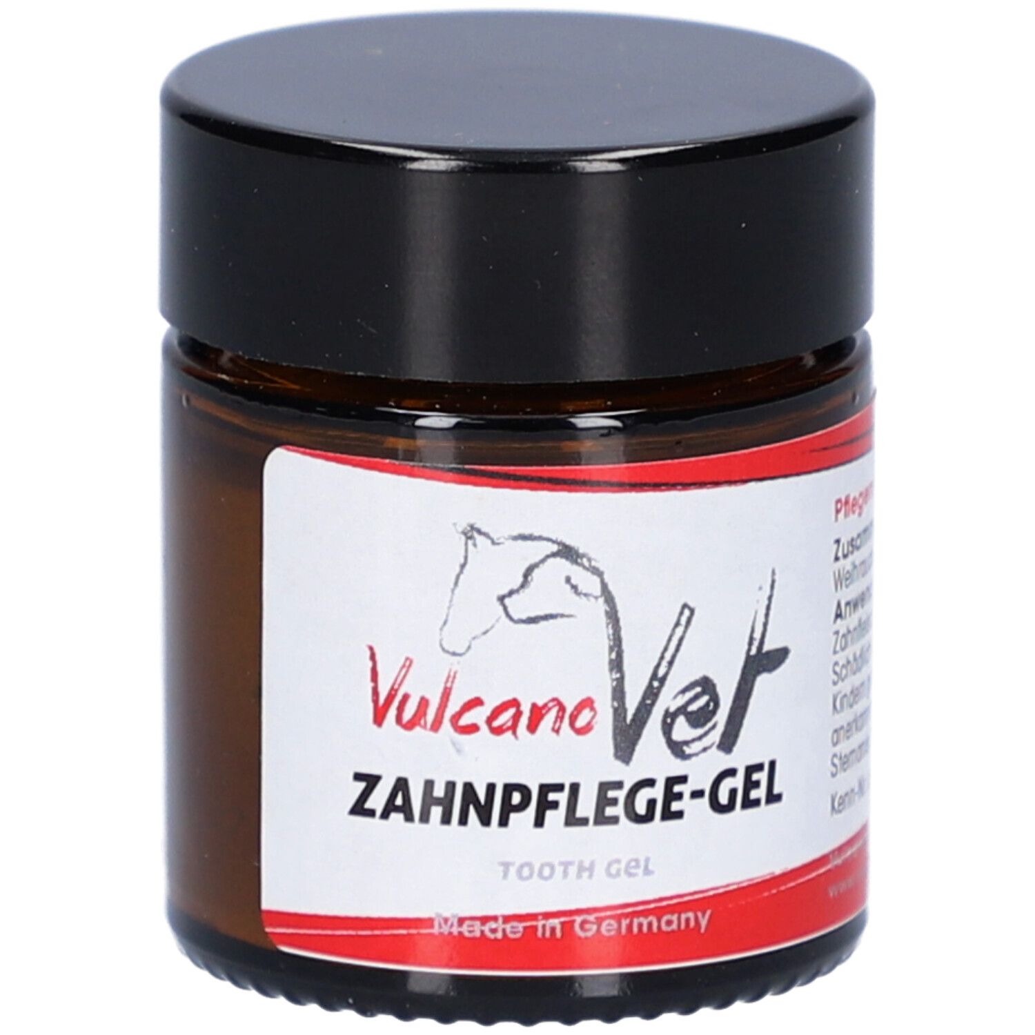 Pot en verre brun avec couvercle noir. Étiquette avec nom du produit et logo: VulcanoVet Zahnpflege-Gel. Fabriqué en Allemagne.