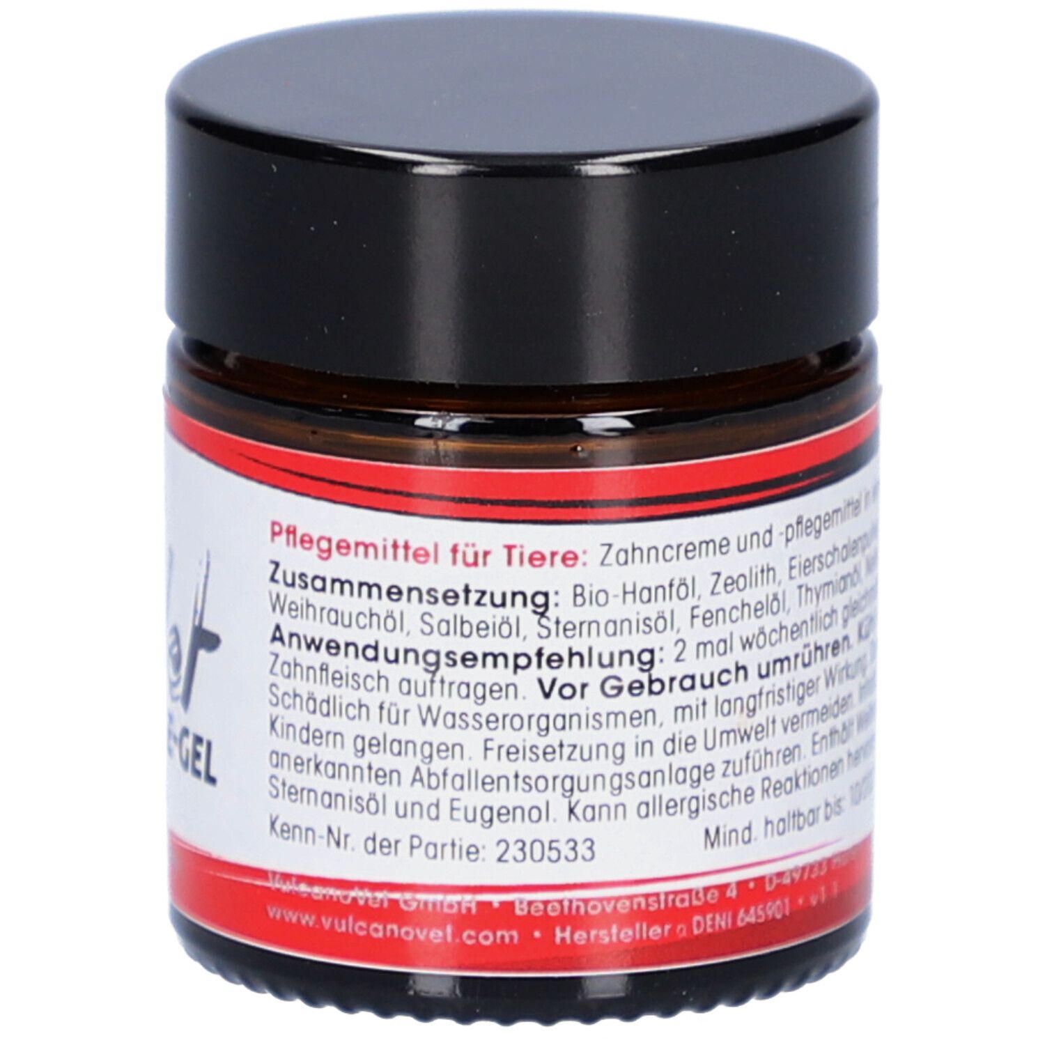 Pot en verre brun avec couvercle noir. Étiquette avec informations sur le produit et texte. Site web: vulcanovet.com. Numéro de lot: 230533.