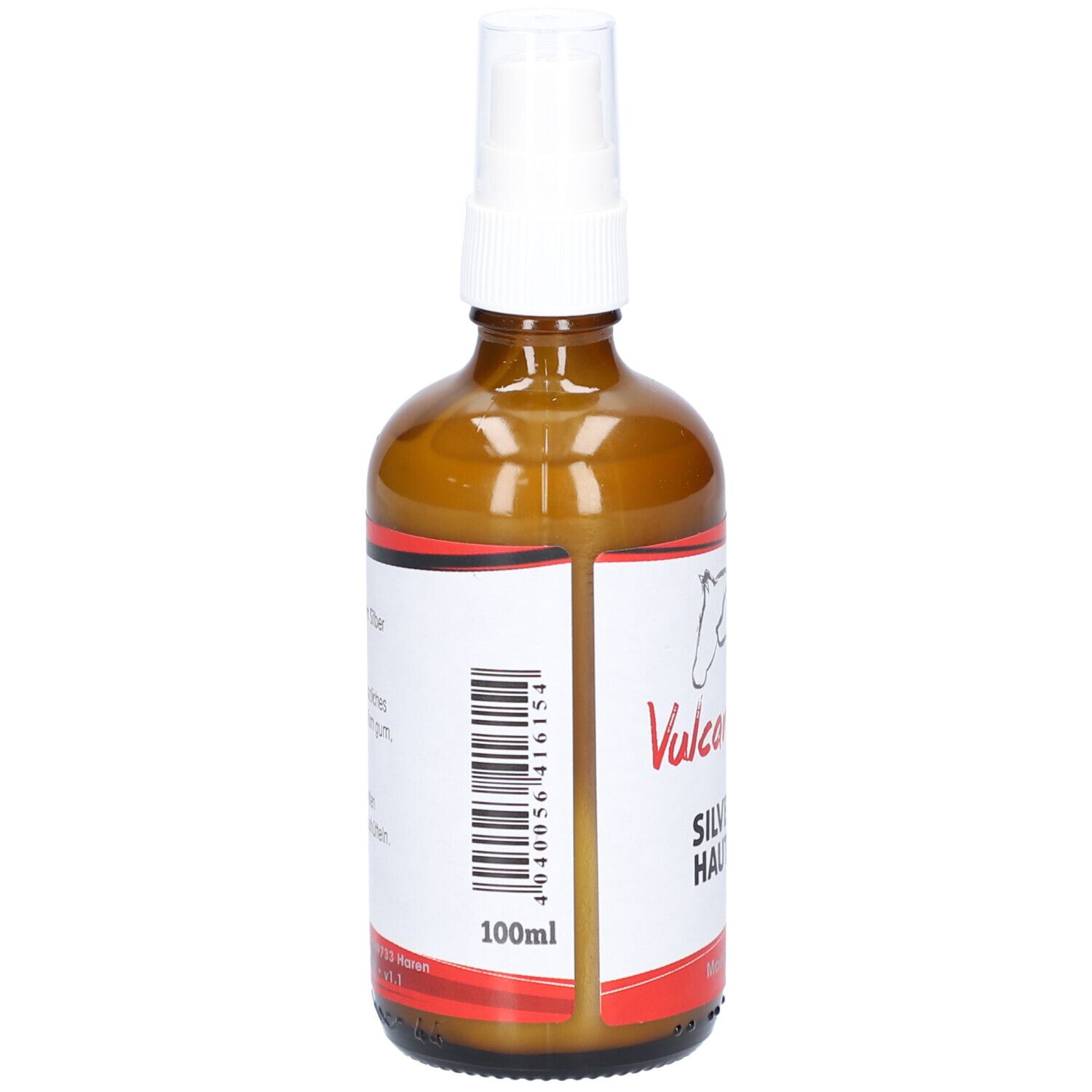 Flacon en verre brun avec vaporisateur blanc. Étiquette avec code-barres et texte: VulcanoVet Silver-Care Hautpflege. 100ml.