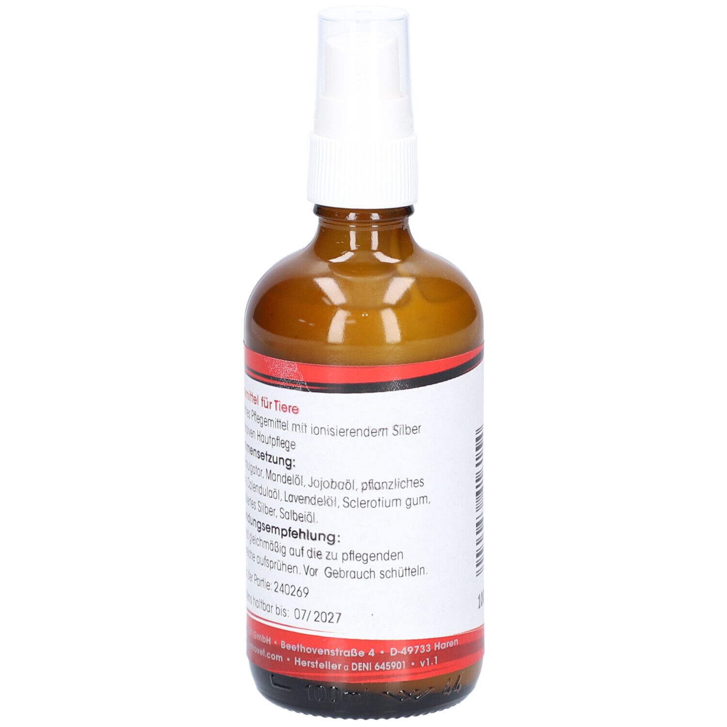 Flacon en verre brun avec vaporisateur blanc. Étiquette avec informations sur le produit et texte: VulcanoVet Silver-Care Hautpflege.