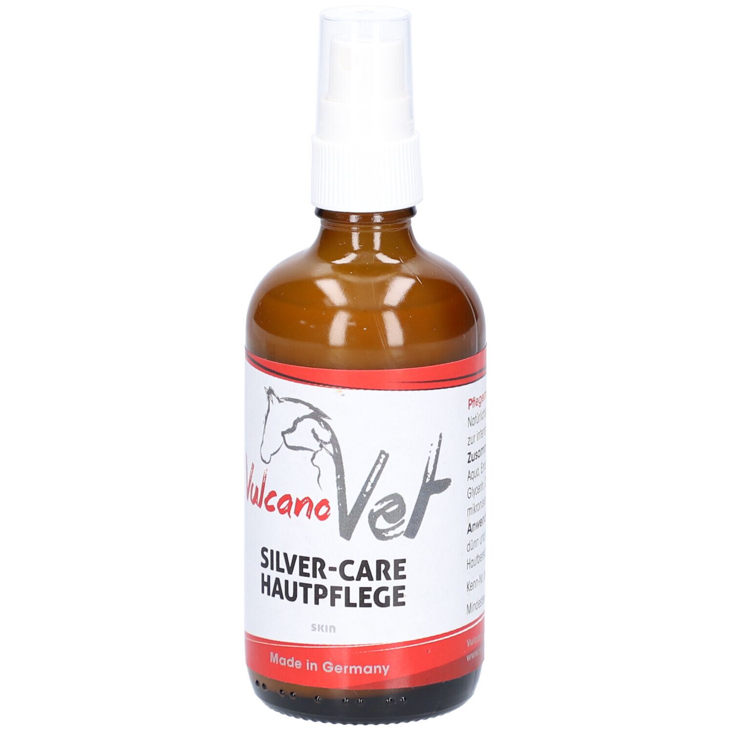 Flacon en verre brun avec vaporisateur blanc. Étiquette avec logo et texte: VulcanoVet Silver-Care Hautpflege. Informations sur le produit.