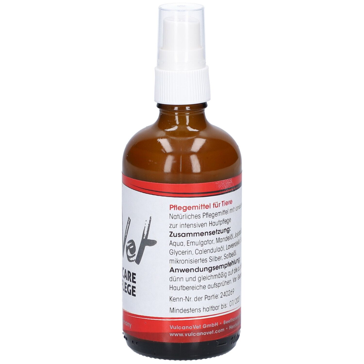 Flacon en verre brun avec vaporisateur blanc. Étiquette avec informations sur le produit et texte: VulcanoVet Silver-Care Hautpflege.