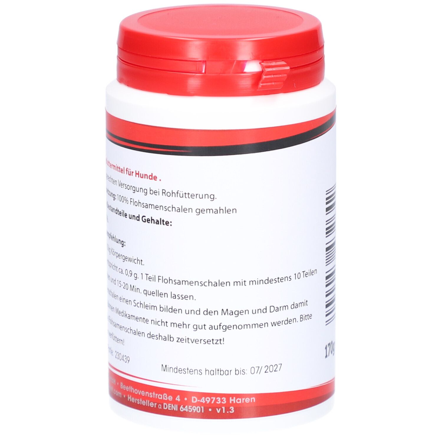 Boîte blanche avec couvercle rouge. Texte sur la boîte. Inscription : Vulcano Vet Planto-Pur. A consommer de préférence avant 07/2027.