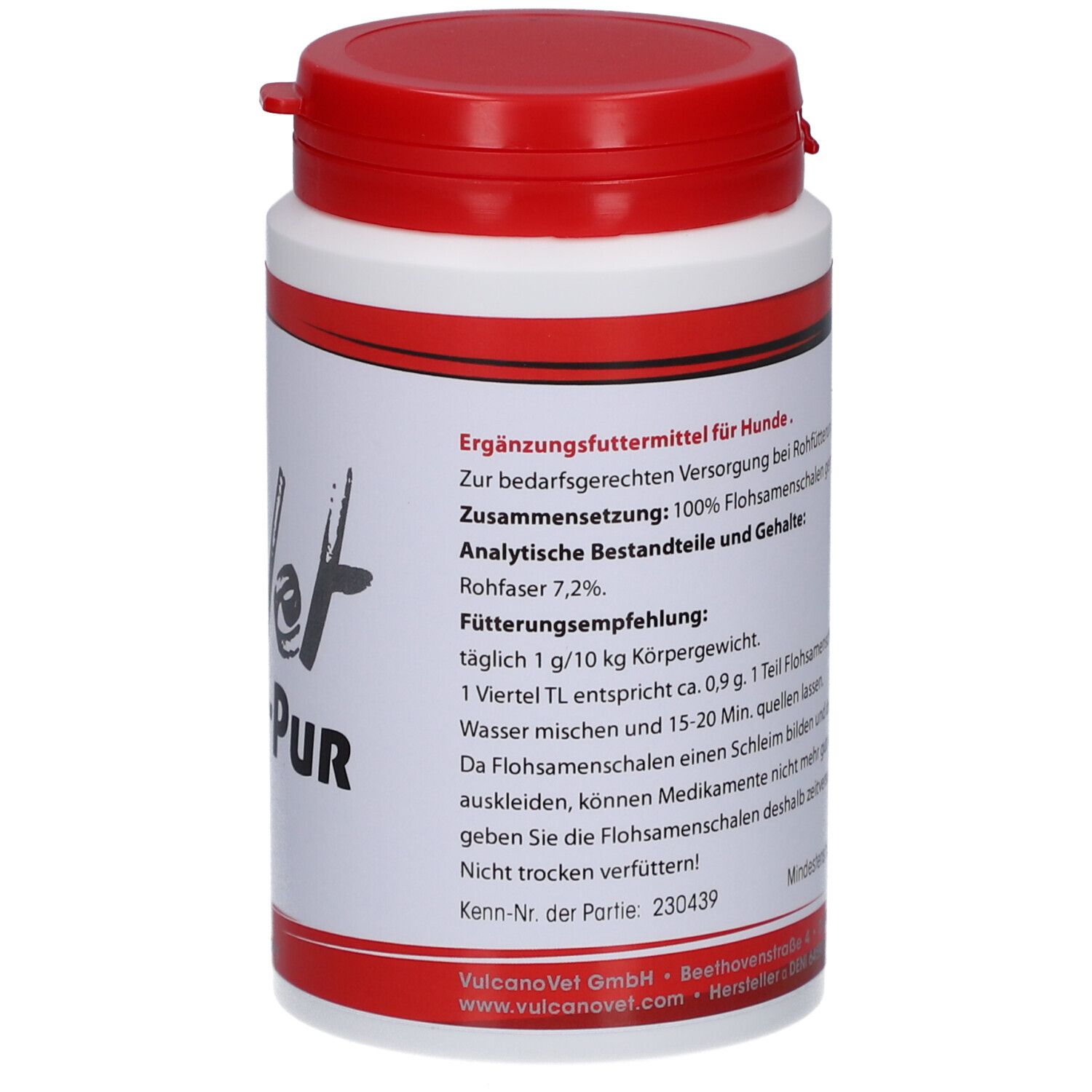 Boîte blanche avec couvercle rouge. Texte sur la boîte. Inscription : Vulcano Vet Planto-Pur. Aliment complémentaire pour chiens.