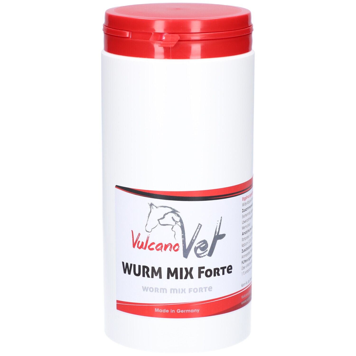 Weiße Dose mit rotem Deckel. Aufkleber mit Logo, Produktname: WurmMix Forte. Hergestellt in Deutschland.