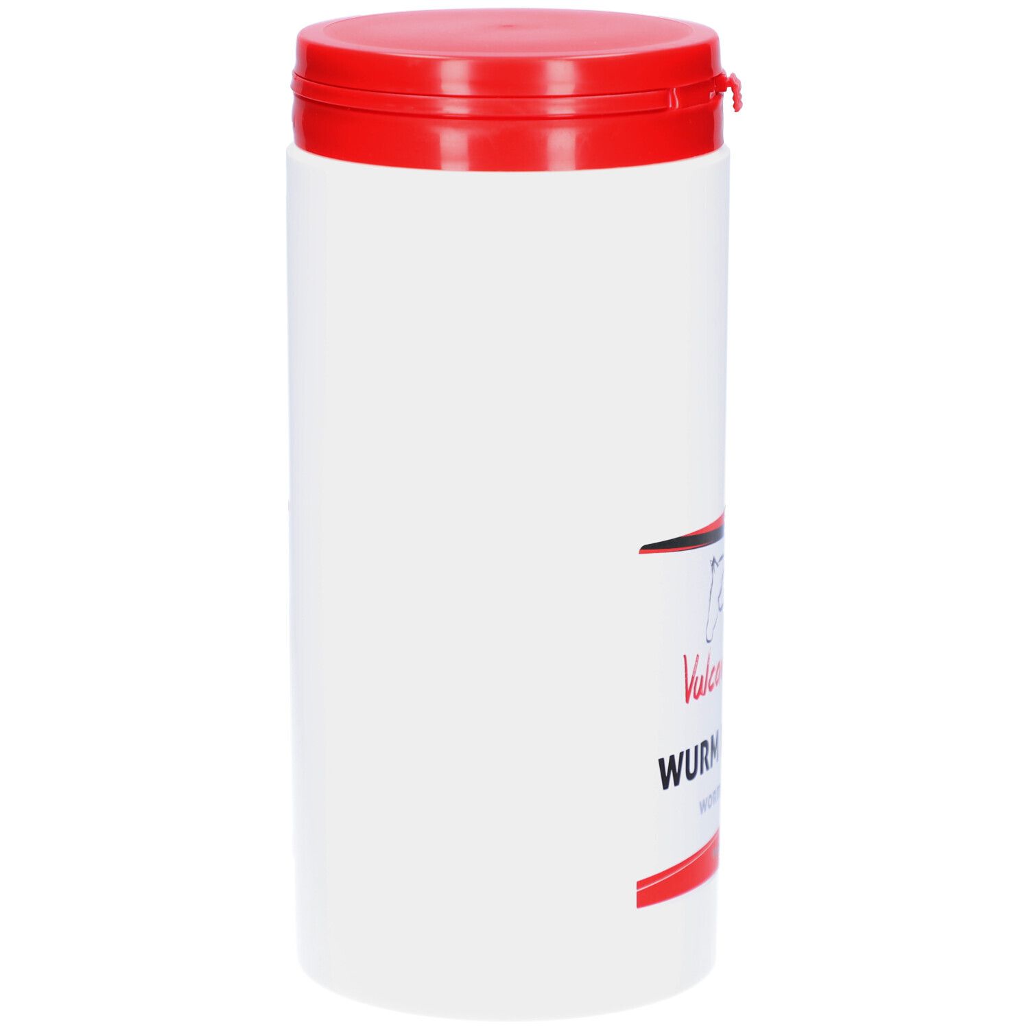 Weiße Dose mit rotem Deckel. Seitenansicht. Etikett teilweise sichtbar.