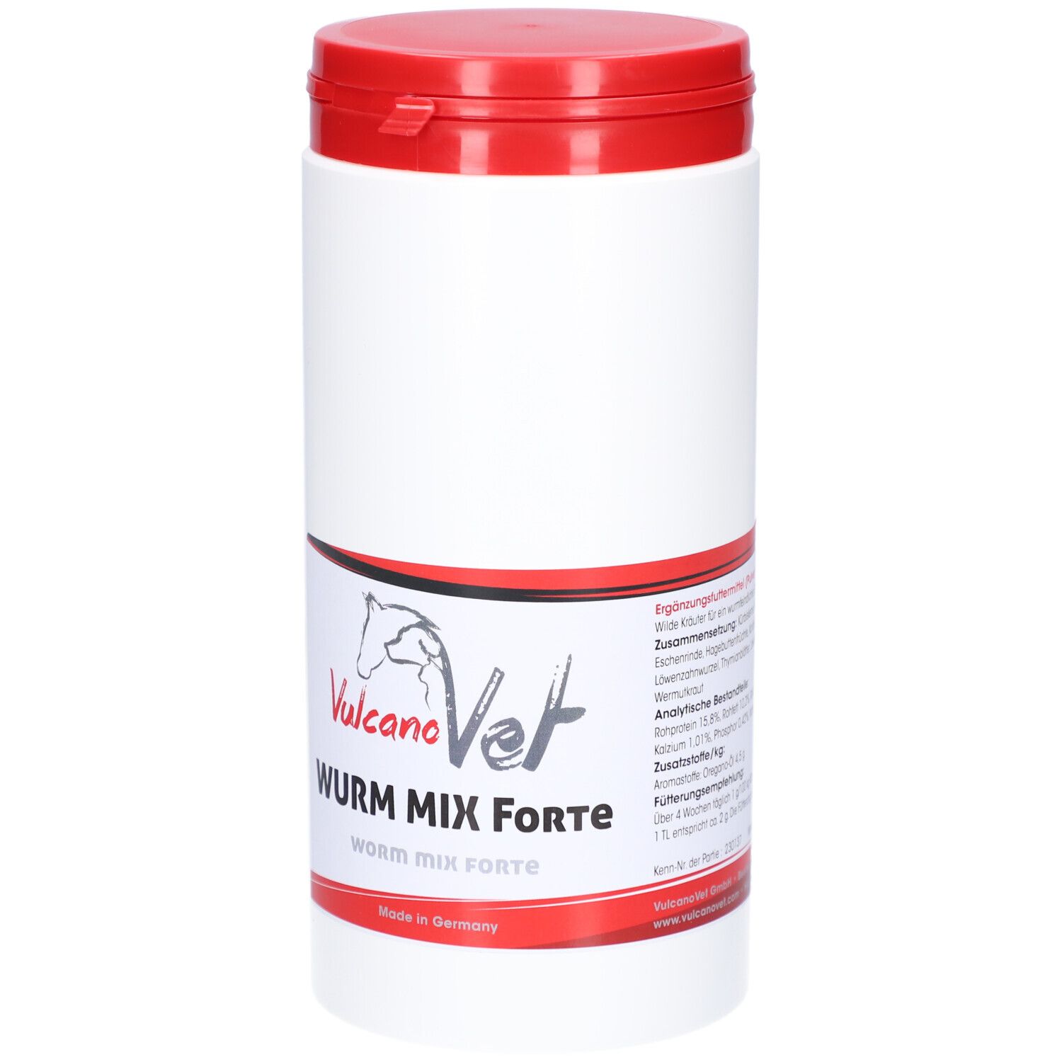 Weiße Dose mit rotem Deckel. Aufkleber mit Logo, Produktname und Inhaltsstoffen.