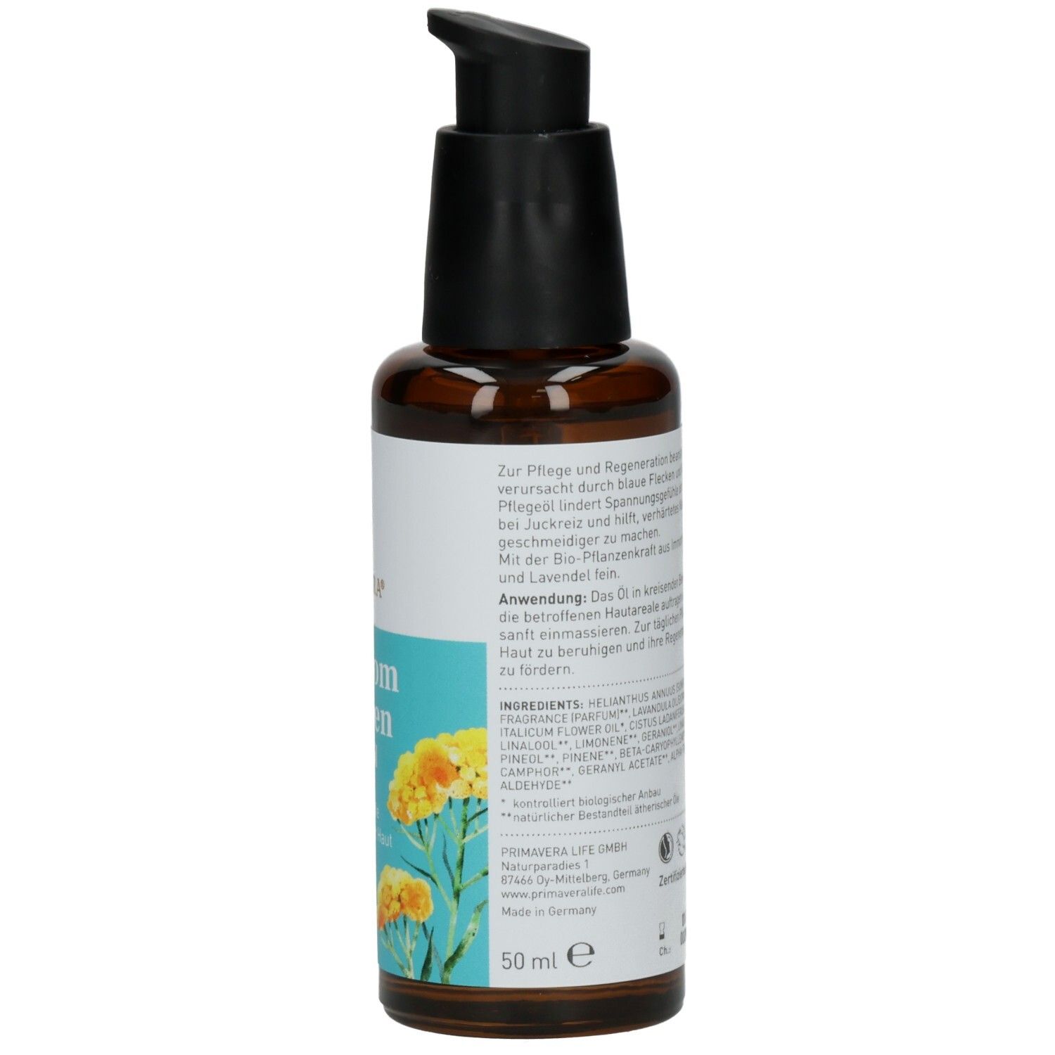 Braune Glasflasche, Rückseite. Etikett mit Text, Inhaltsstoffen, Vegan-Logo und Zertifizierungen. Volumen: 50 ml.