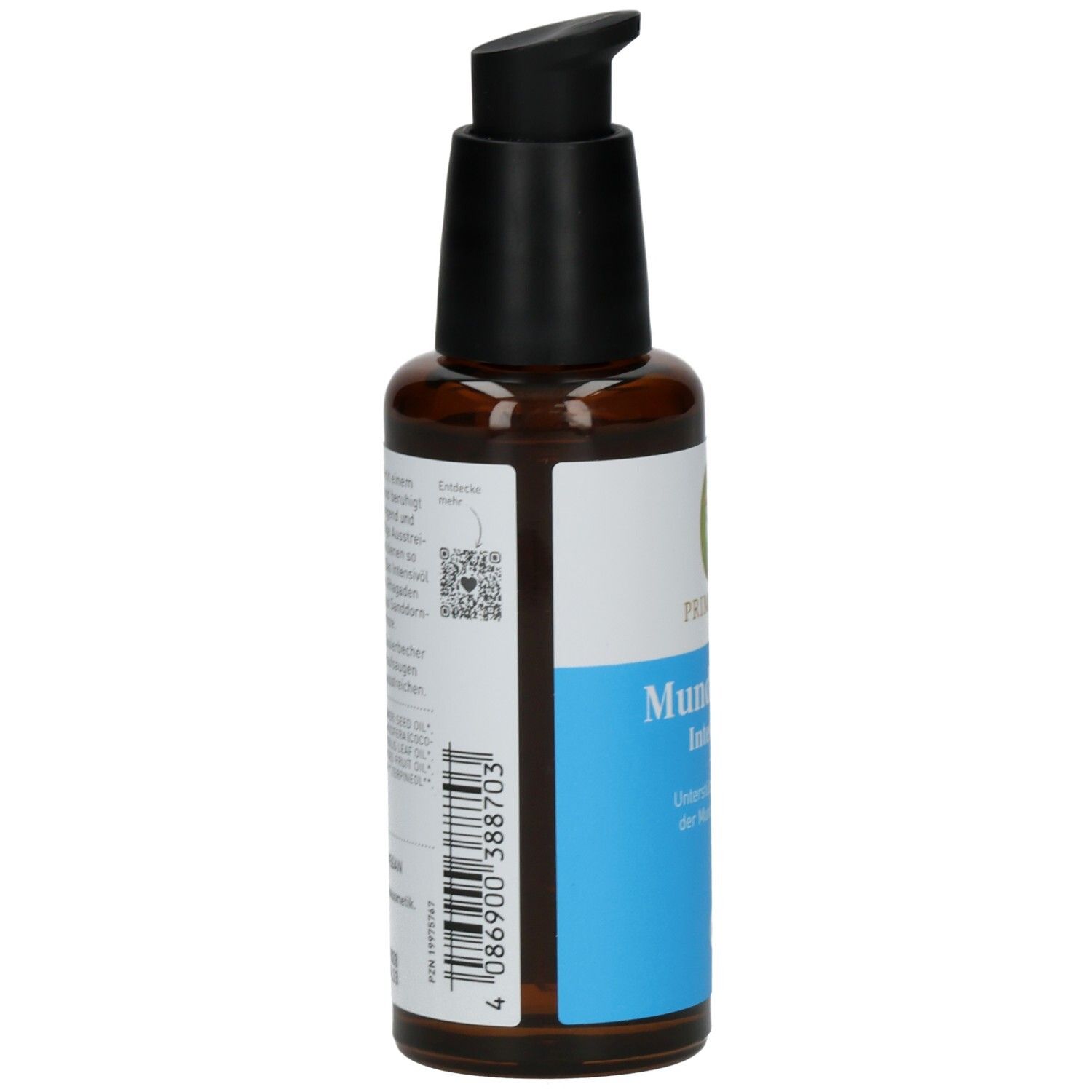 Flacon en verre brun avec pompe noire. Étiquette avec code-barres et texte. Vue arrière.