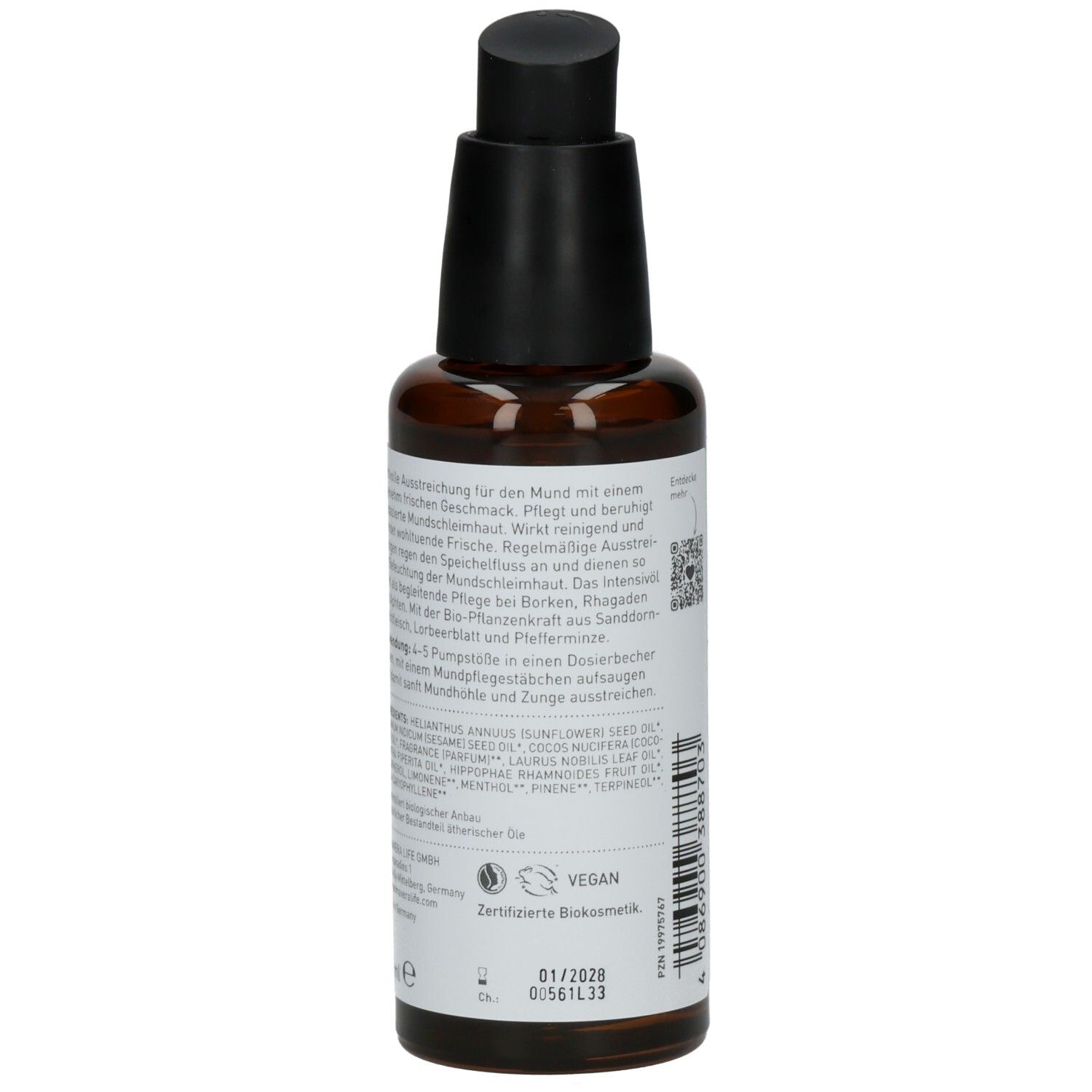 Flacon en verre brun avec pompe noire. Étiquette avec ingrédients et certifications. Vegan.