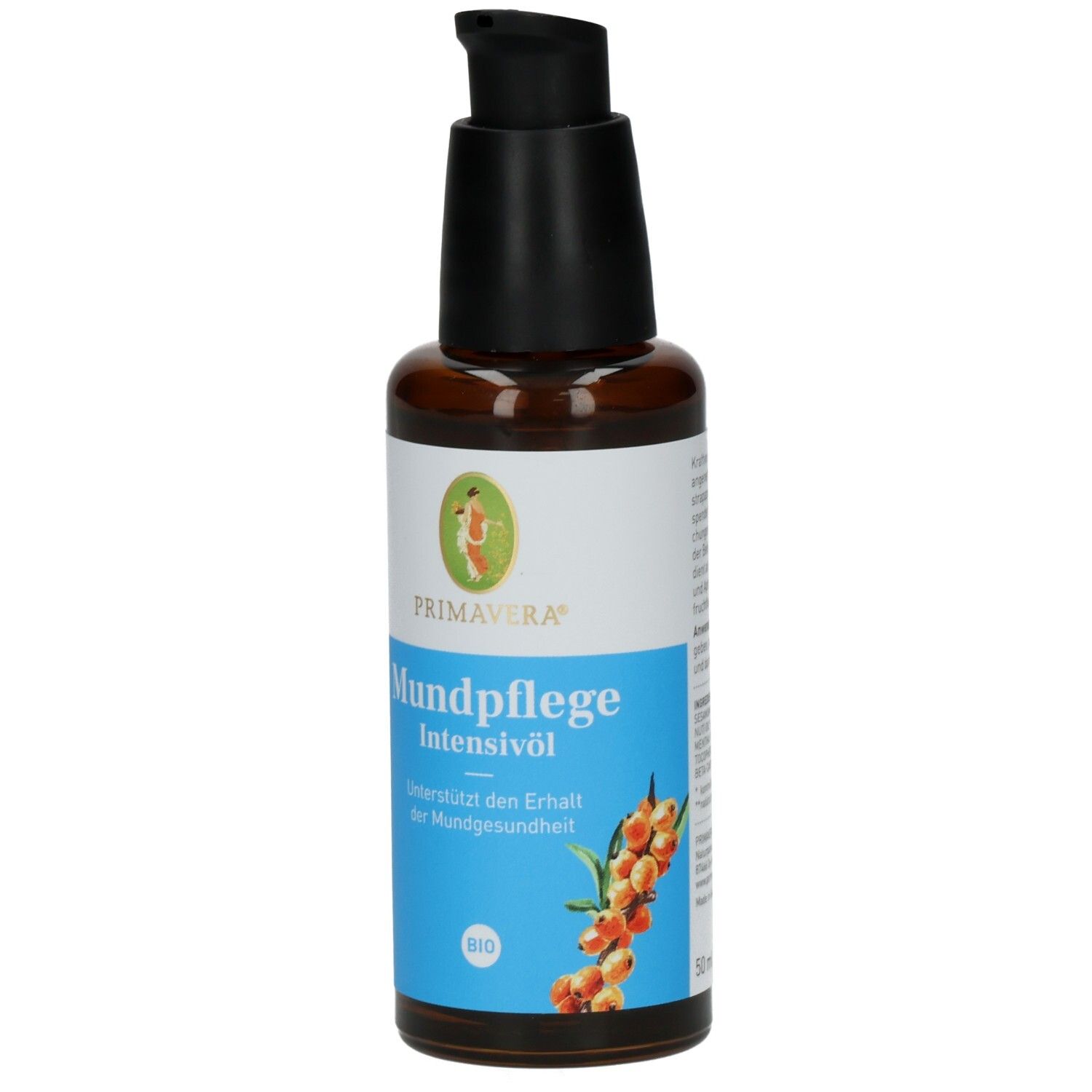 Flacon en verre brun avec pompe noire. Étiquette avec nom du produit et logo. Certification BIO.