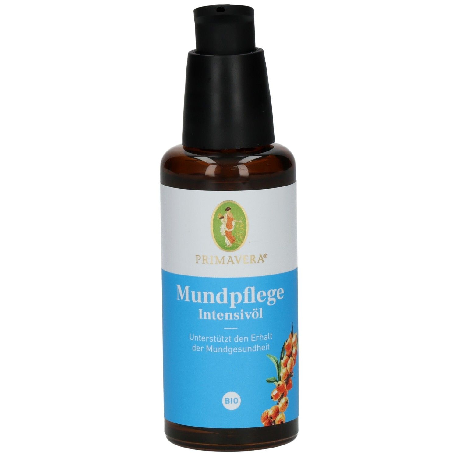 Flacon en verre brun avec pompe noire. Étiquette avec nom du produit et logo. Certification BIO.