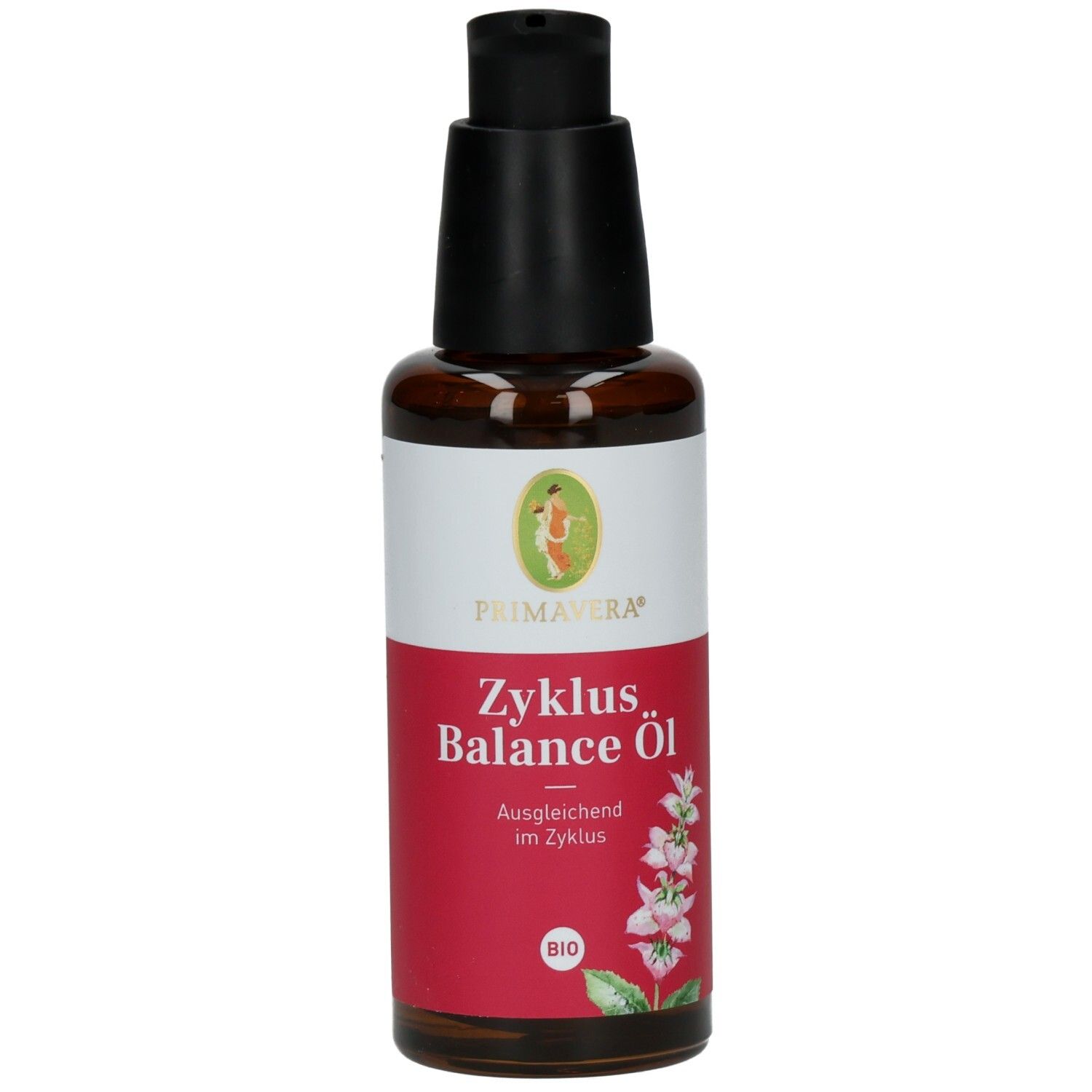 Braune Glasflasche mit schwarzem Pumpkopf. Aufschrift: ZYKLUS Balance Öl Bio. Roter Hintergrund mit floralem Motiv und Logo.