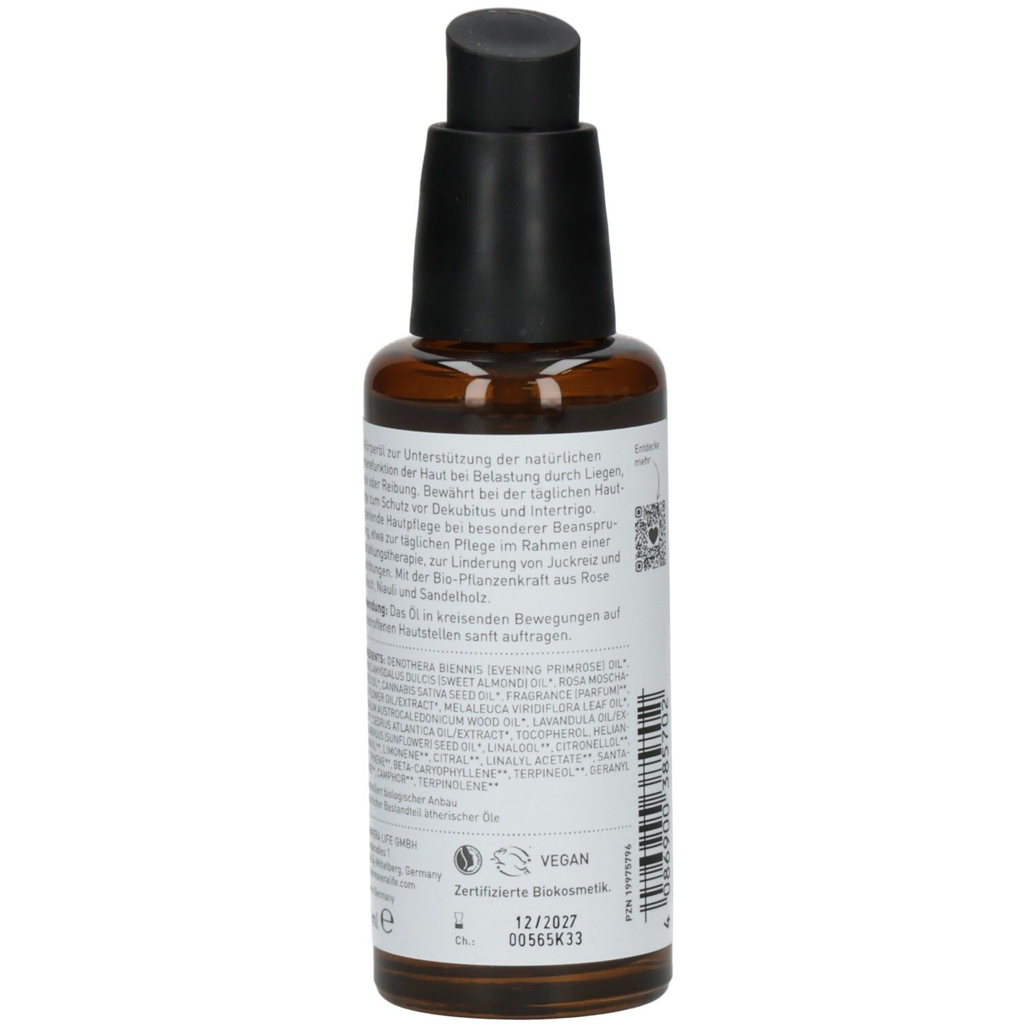 Flacon en verre brun, vue arrière. Étiquette avec ingrédients, certification et date de péremption. Label Vegan.