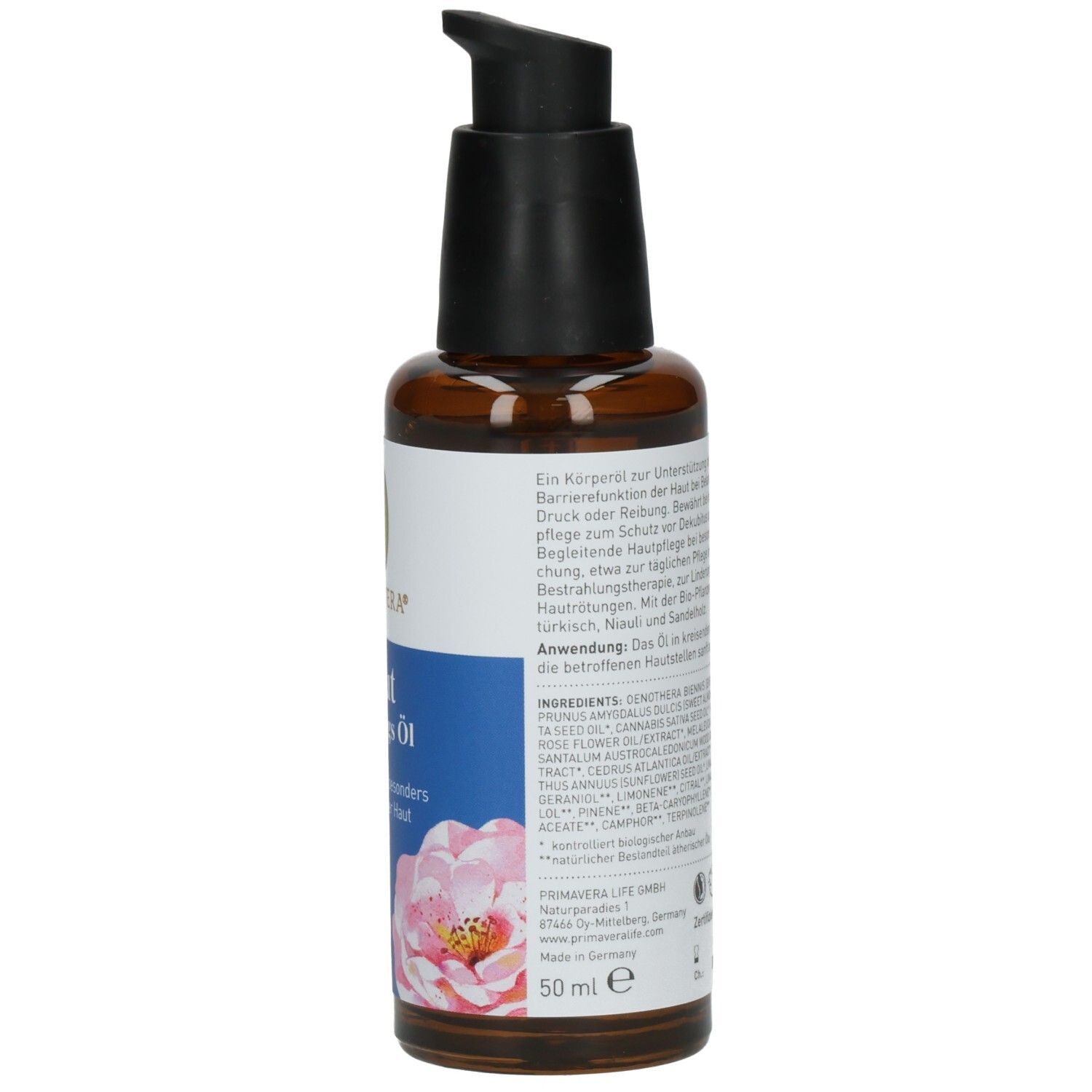 Flacon en verre brun, vue arrière. Étiquette avec informations produit, ingrédients et indication de volume : 50 ml.