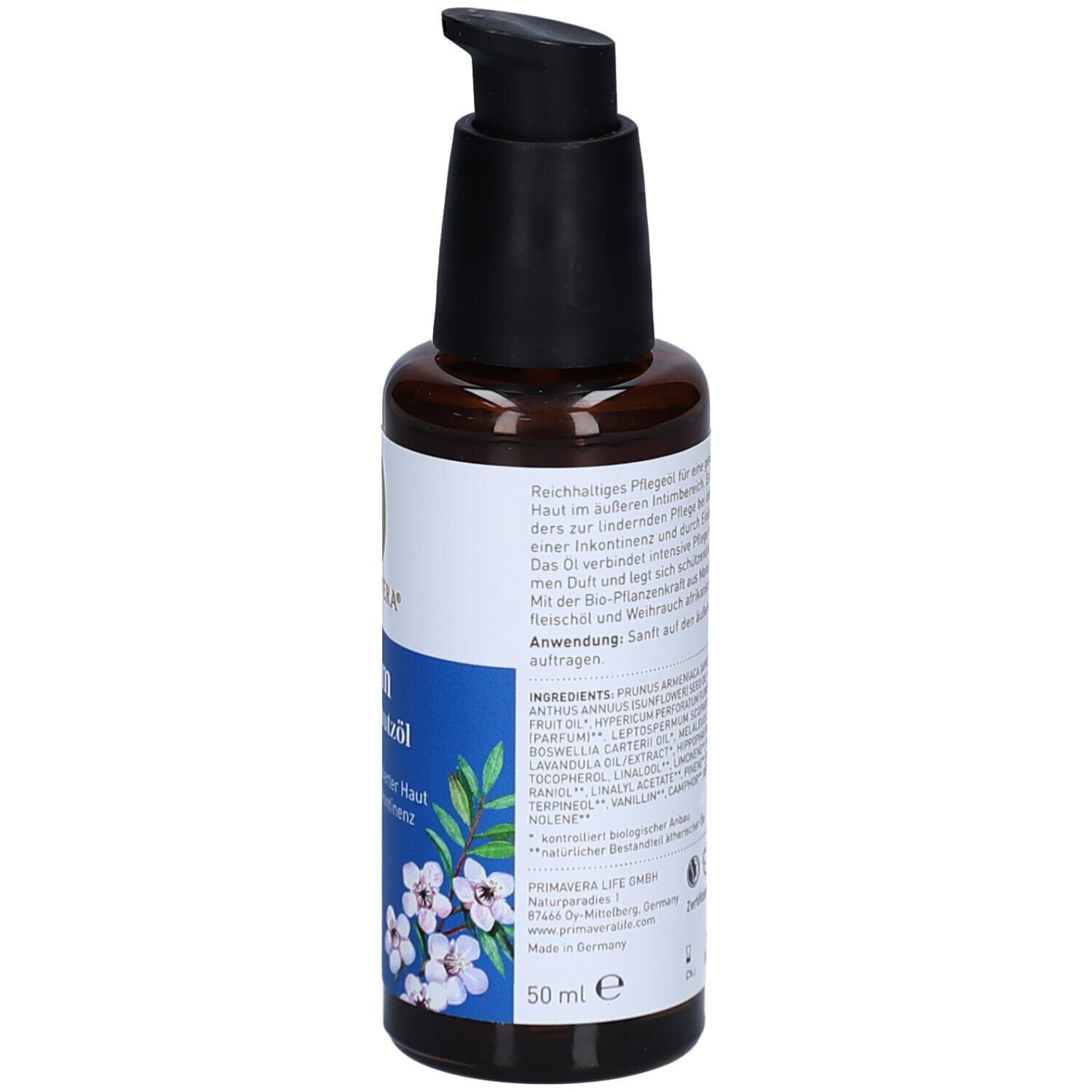 Braune Glasflasche mit schwarzem Pumpkopf. Etikett mit Produktinformationen, Inhaltsstoffen und Volumen.