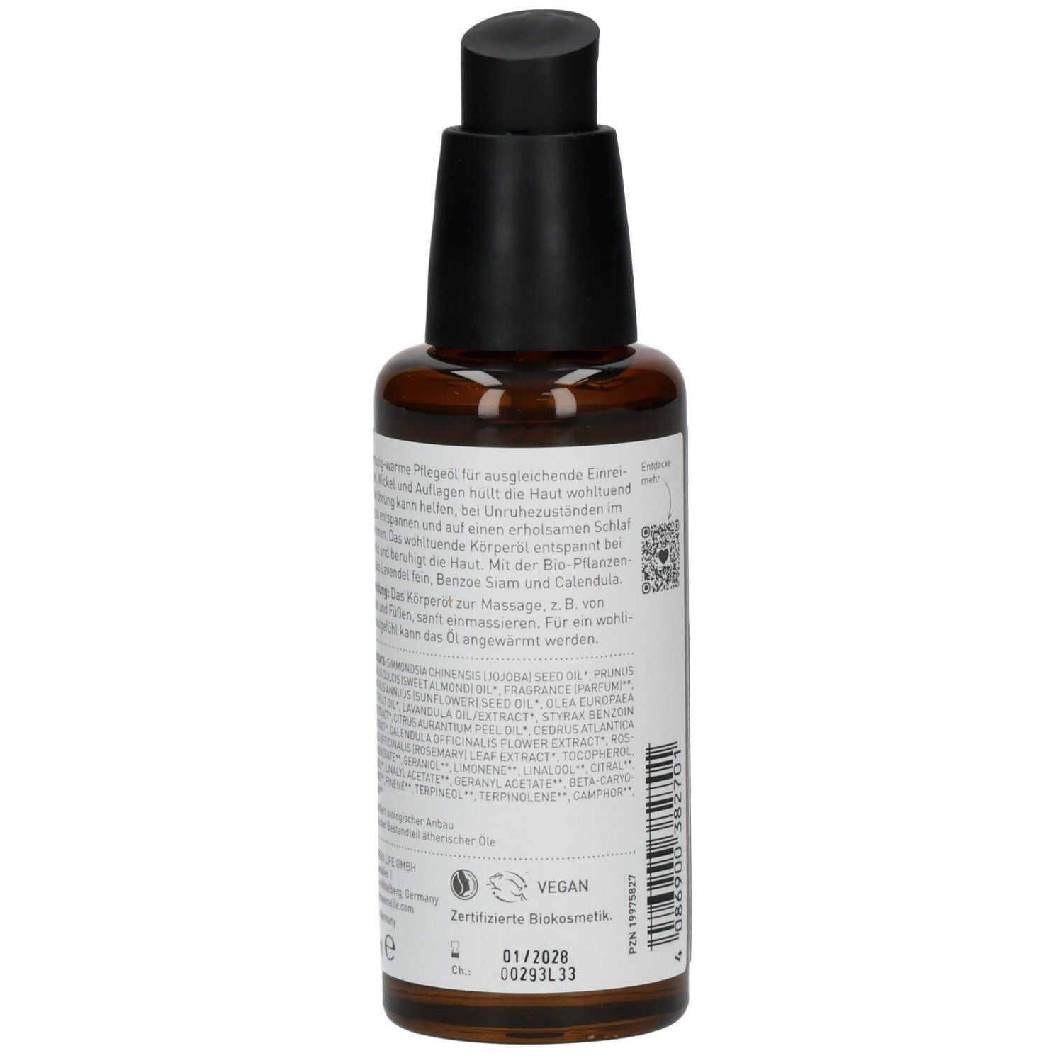 Braune Glasflasche, Rückansicht. Etikett mit Text, Inhaltsstoffen und Zertifizierungen. Schwarzer Pumpkopf. Vegan-Siegel.