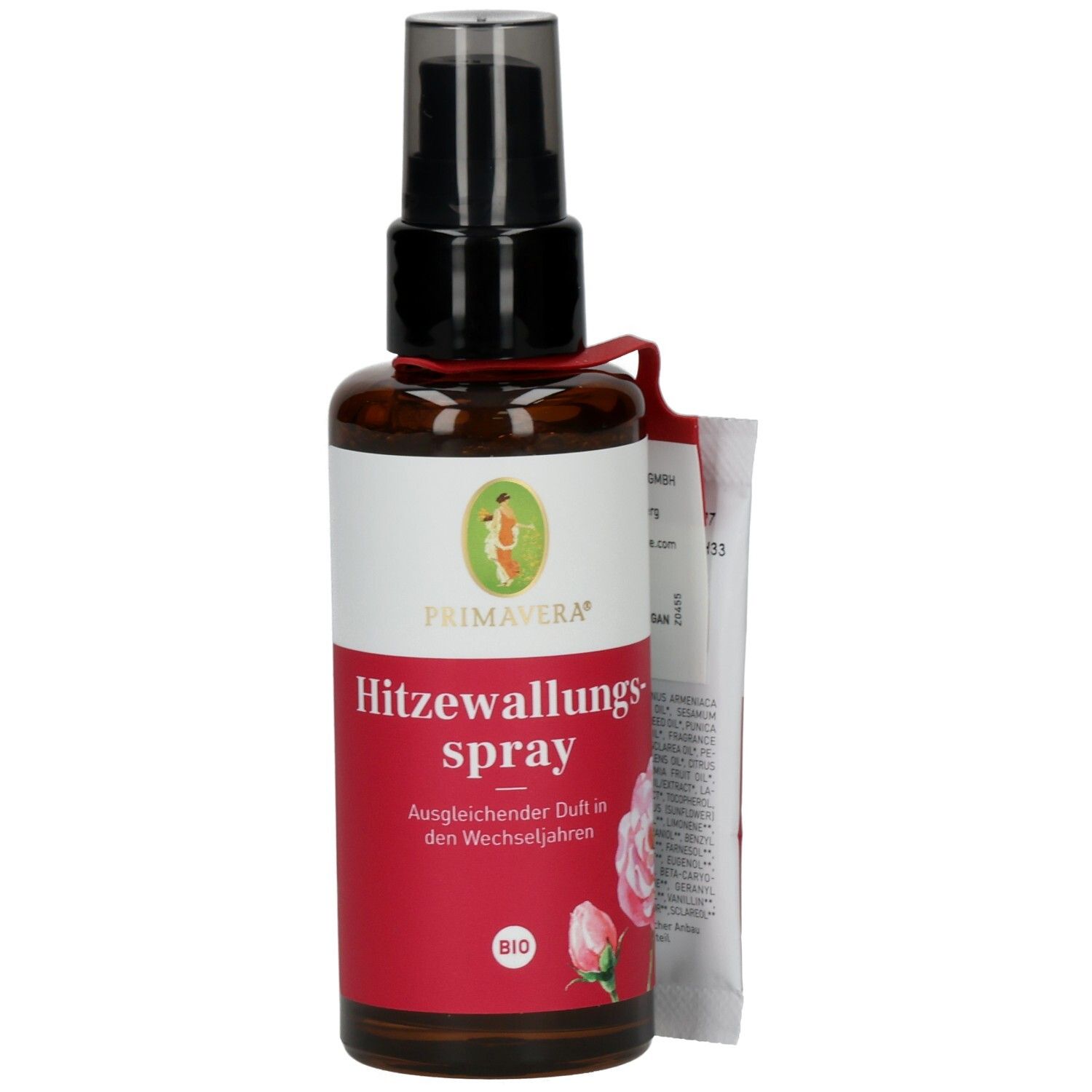 Braune Sprühflasche mit schwarzem Sprühkopf und Etikett. Aufschrift: Hitzewallungsspray, Bio. Anhänger mit Text.