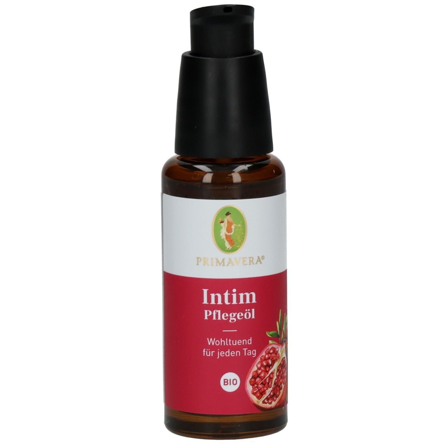 Braune Glasflasche mit schwarzem Pumpkopf. Rotes Etikett mit Produktname, Granatapfel-Illustration und Bio-Siegel.