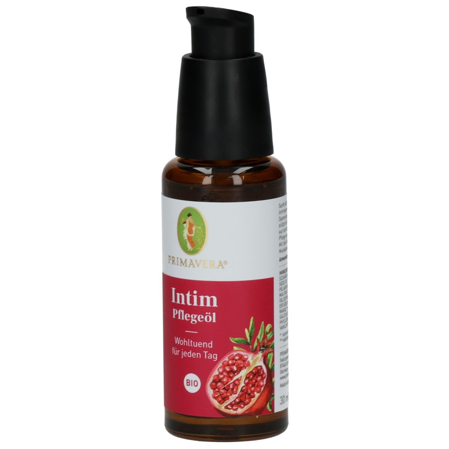 Braune Glasflasche mit schwarzem Pumpkopf. Rotes Etikett mit Produktname, Granatapfel-Illustration und Bio-Siegel.