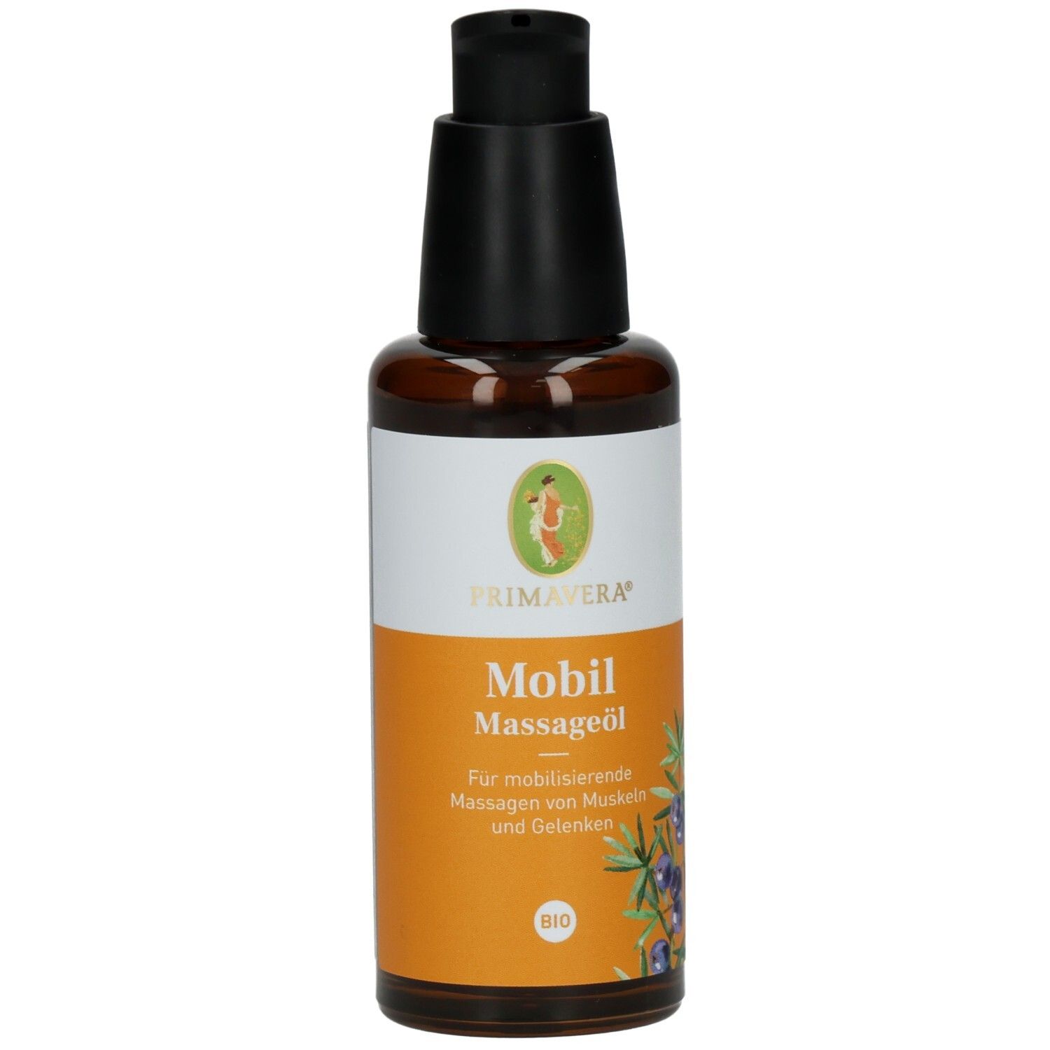 Braune Glasflasche mit schwarzem Pumpkopf. Etikett mit PRIMAVERA Logo und Produktbezeichnung Mobil Massageöl. BIO-Siegel.
