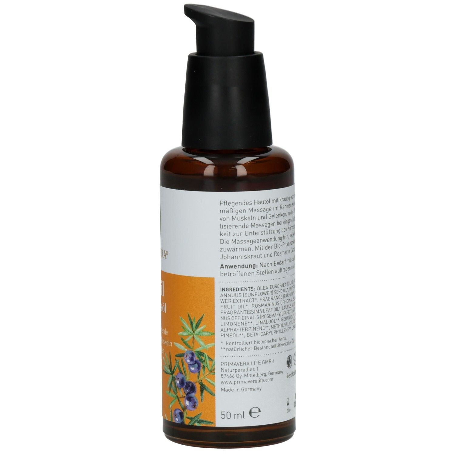 Braune Glasflasche mit schwarzem Pumpkopf. Etikett mit Text und Inhaltsstoffen. PRIMAVERA Mobil Massageöl. 50 ml.