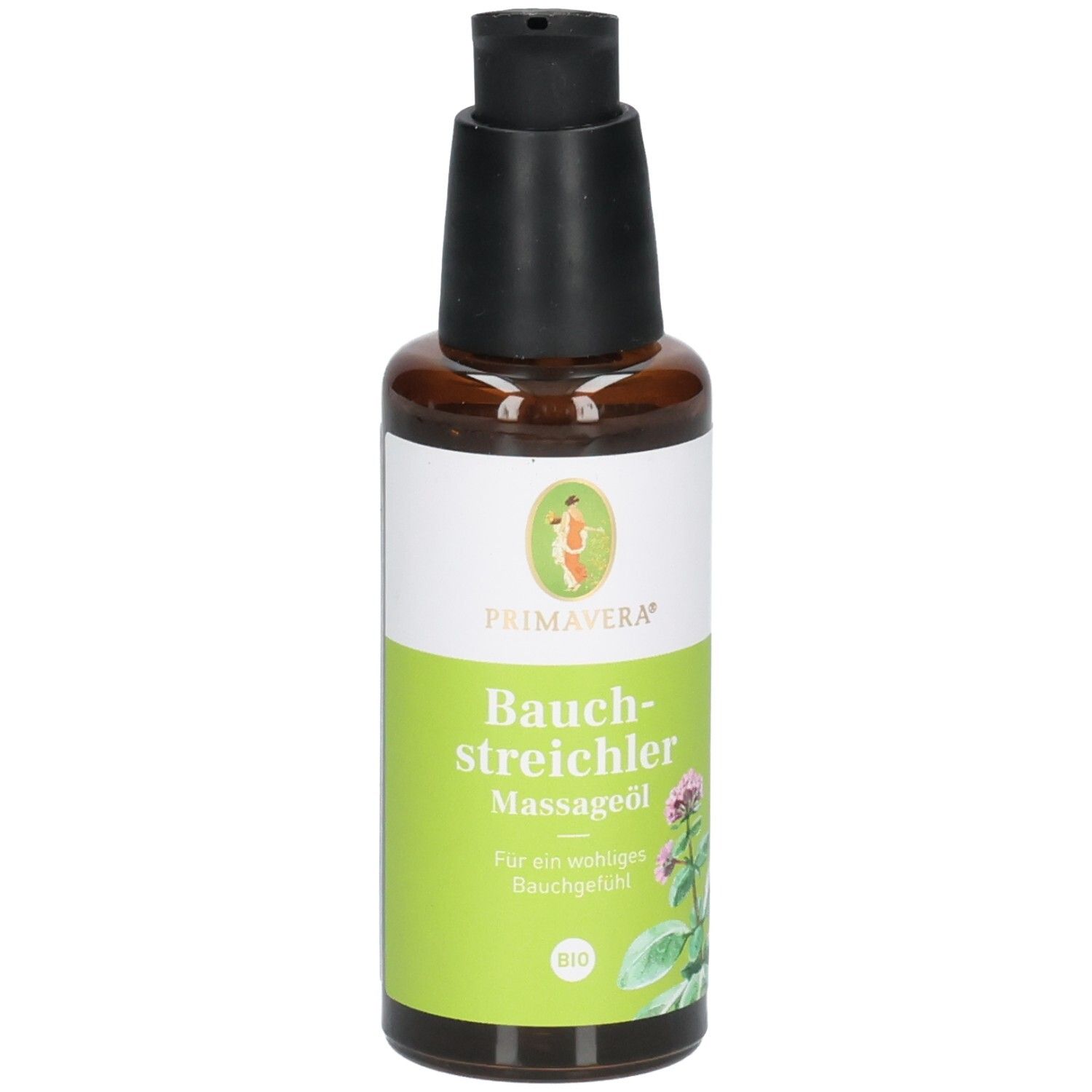Flacon en verre brun avec distributeur à pompe noir, étiquette "Primavera Bauch-streichler Massageöl".
