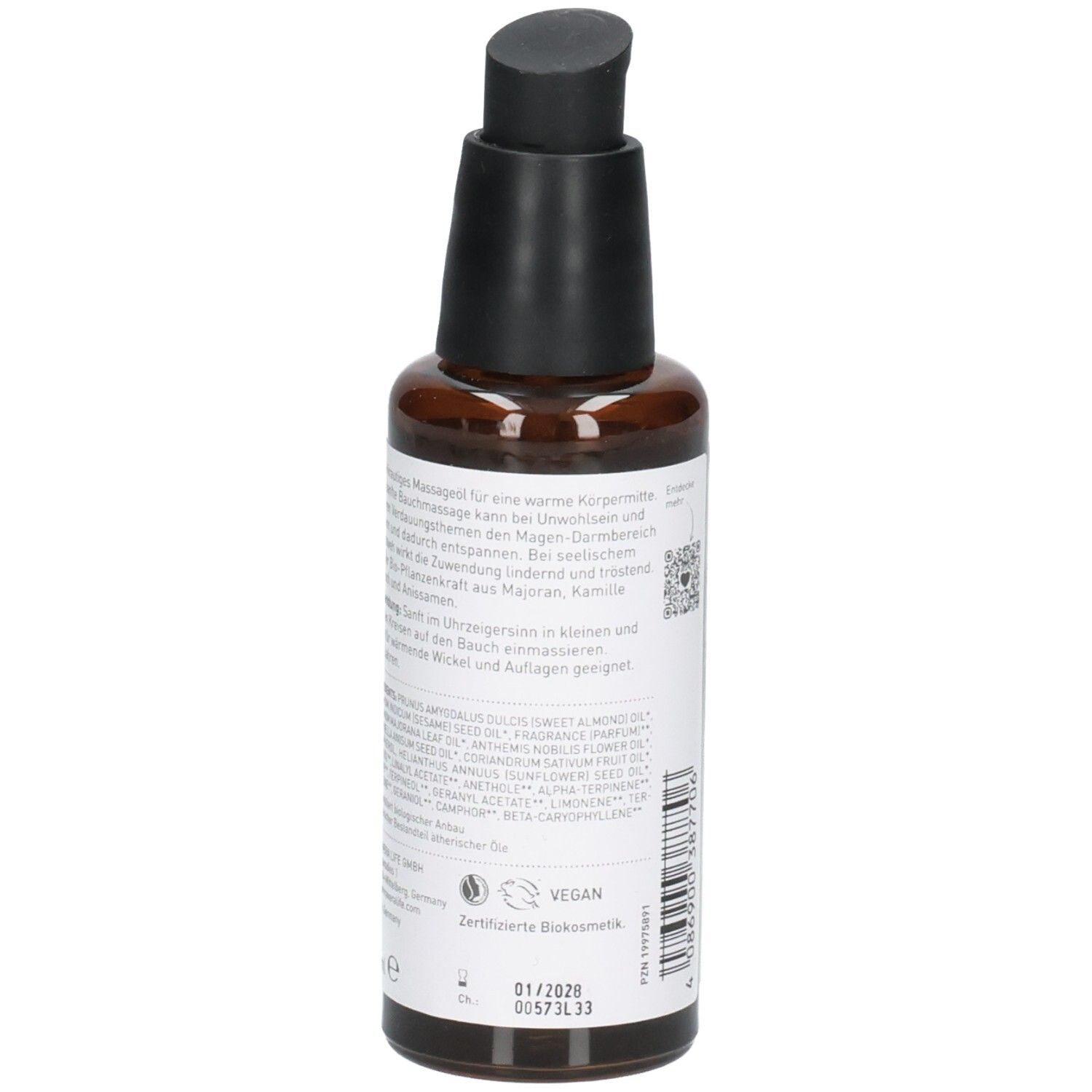 Arrière d'une bouteille d'huile de massage Bauch-streichler avec ingrédients et sceaux.