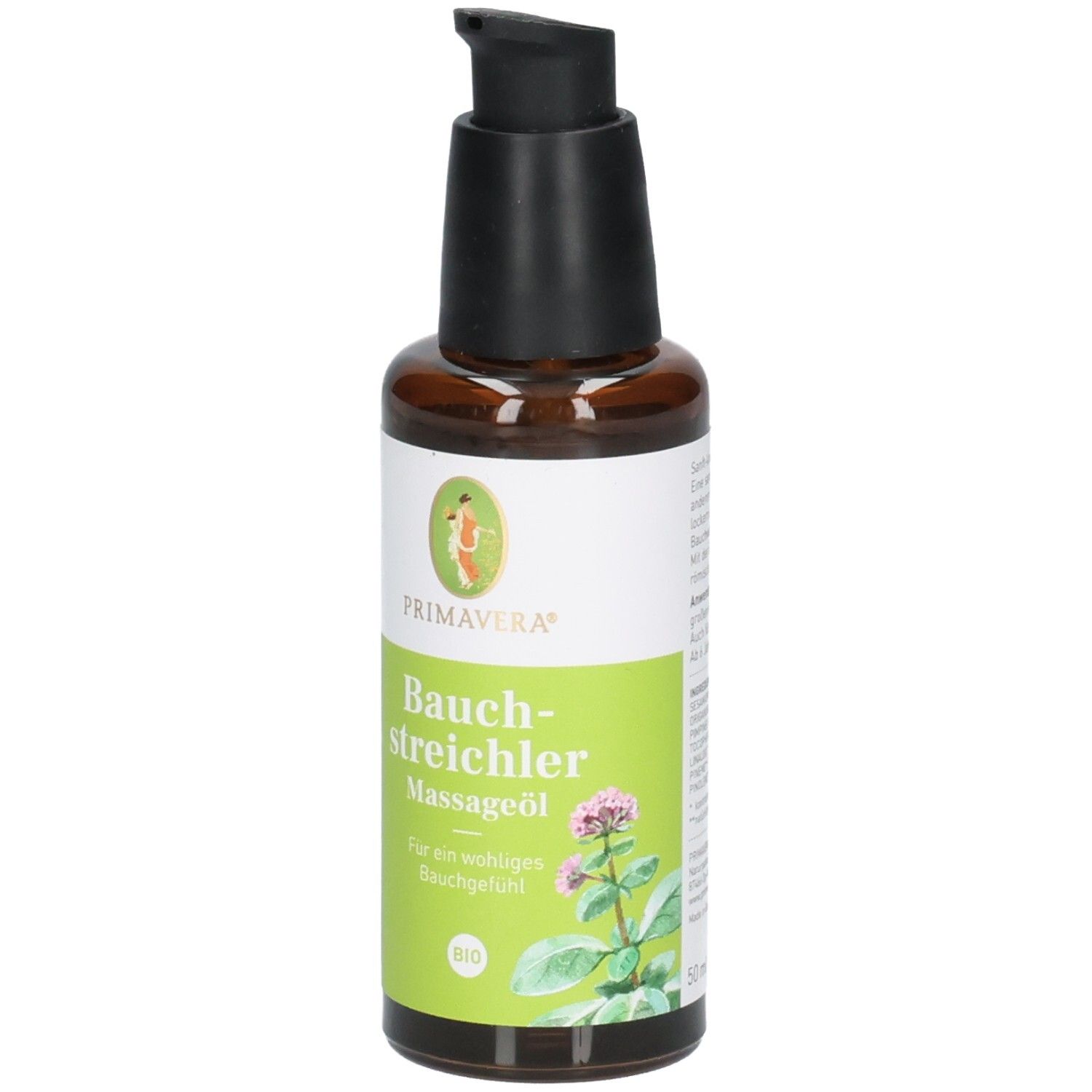 Bouteille d'huile de massage Bauch-streichler avec distributeur à pompe et étiquette motif herbes.