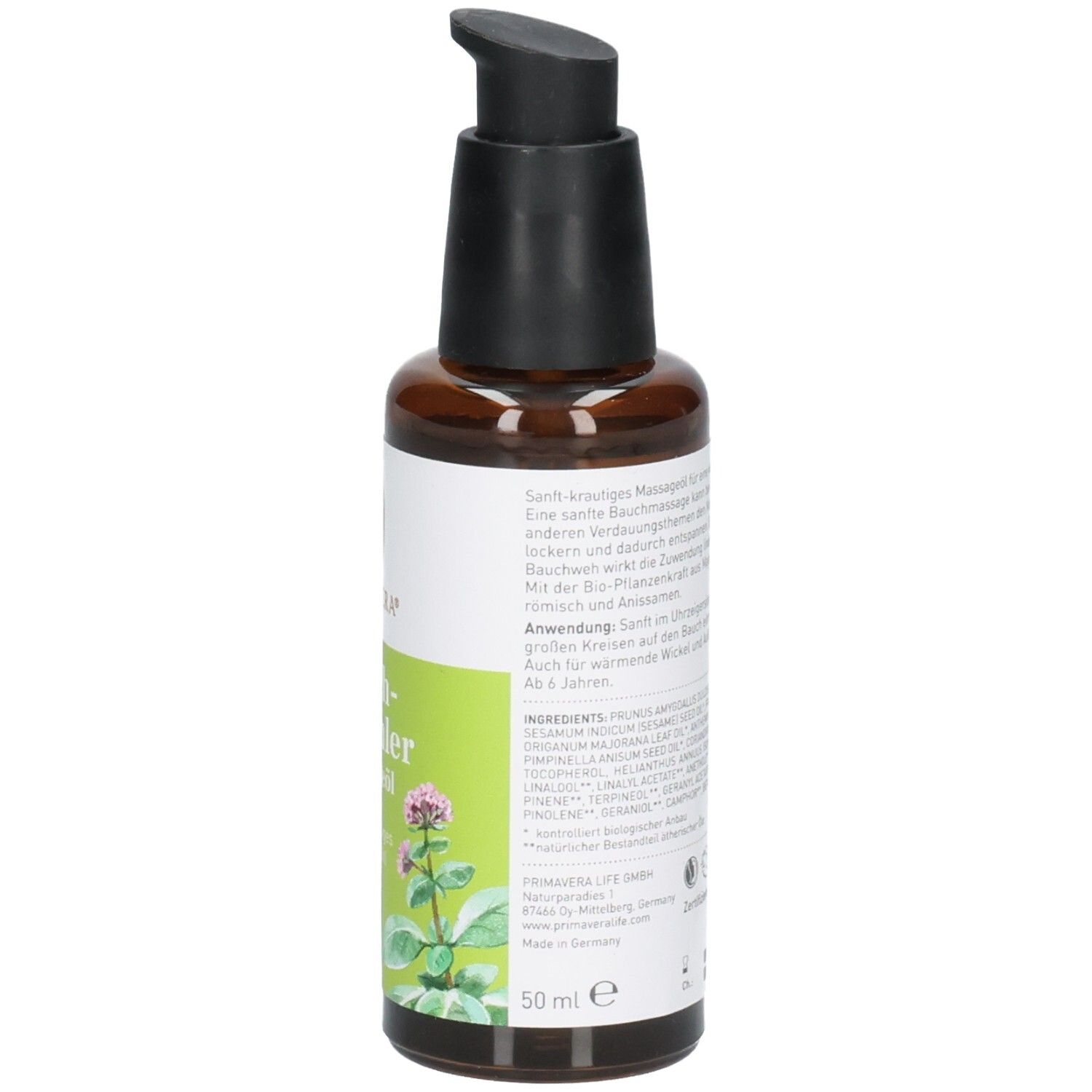 Bouteille d'huile de massage Bauch-streichler avec distributeur à pompe, étiquette aux herbes et sceau "BIO".