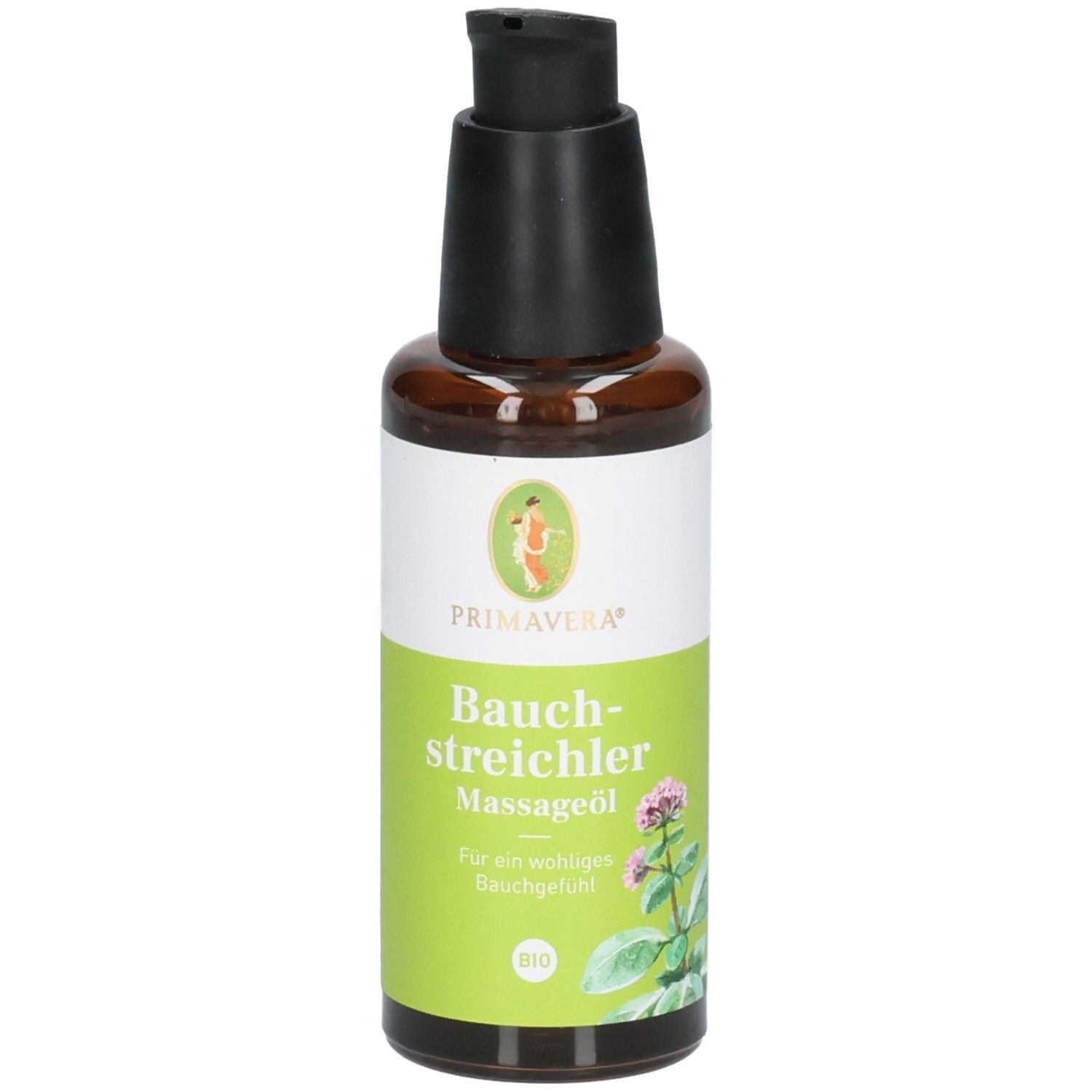 Bouteille d'huile de massage Bauch-streichler avec distributeur à pompe, étiquette aux herbes et indication "50 ml".