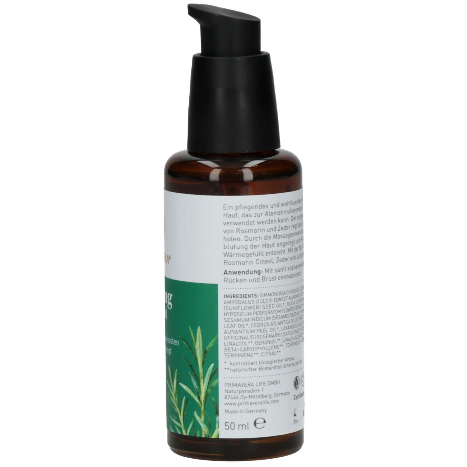 Braune Glasflasche mit schwarzem Pumpkopf. Etikett mit Text, Inhaltsstoffen und Volumenangabe: 50 ml.