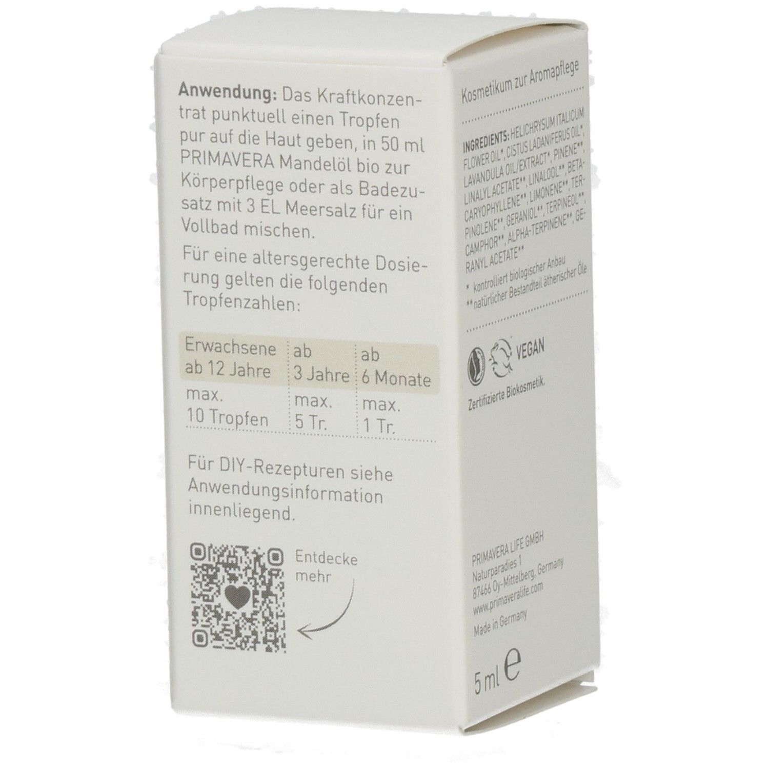 Karton, Seite mit Anwendungshinweisen und Dosierung. QR-Code. Aufschrift: PRIMAVERA LIFE GMBH, 5 ml e.