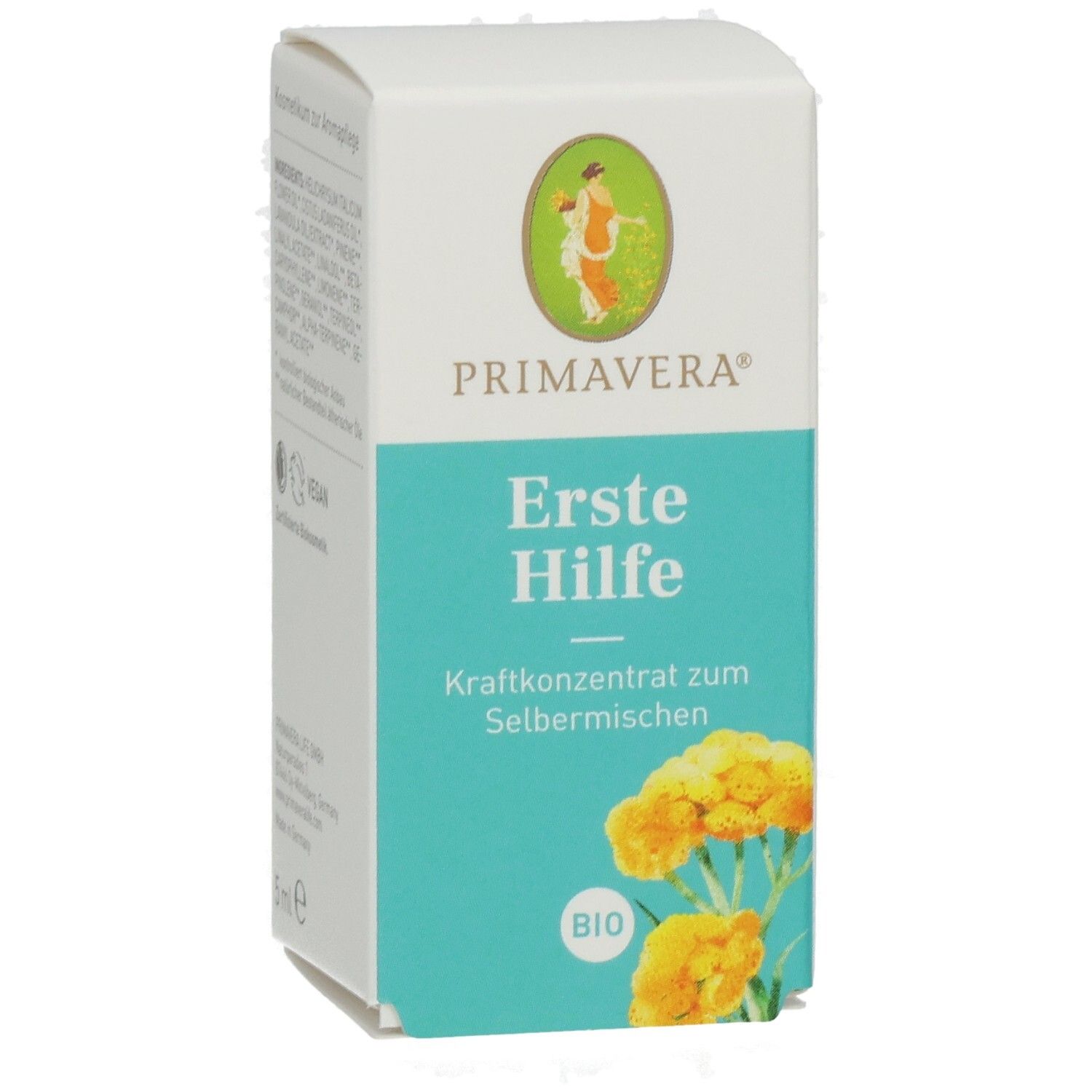 Karton, Vorderseite. Aufschrift: PRIMAVERA, Erste Hilfe, BIO. Abbildung: gelbe Blüten.