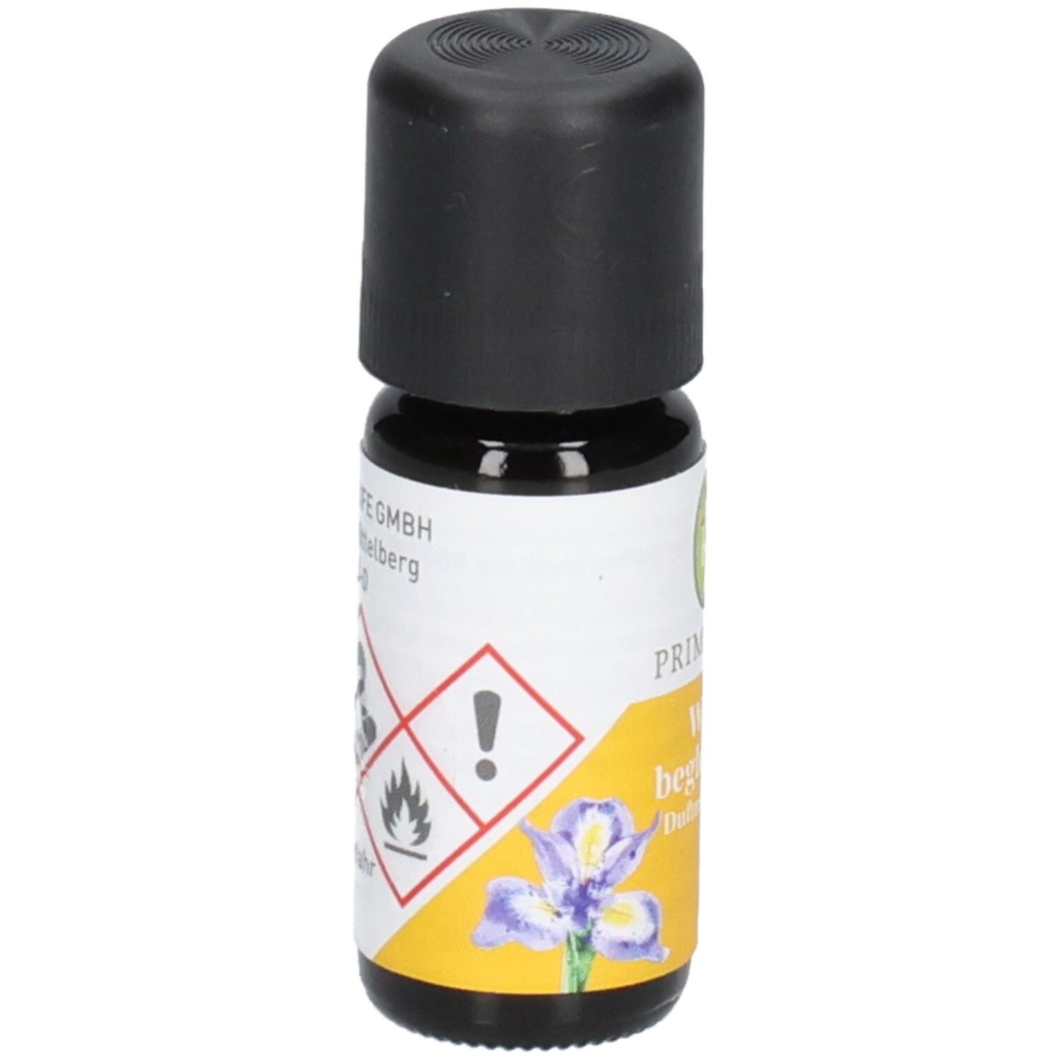 Flacon en verre brun avec bouchon noir. Étiquette avec PRIMAVERA, Wegbegleitung Duftmischung et symboles de danger.
