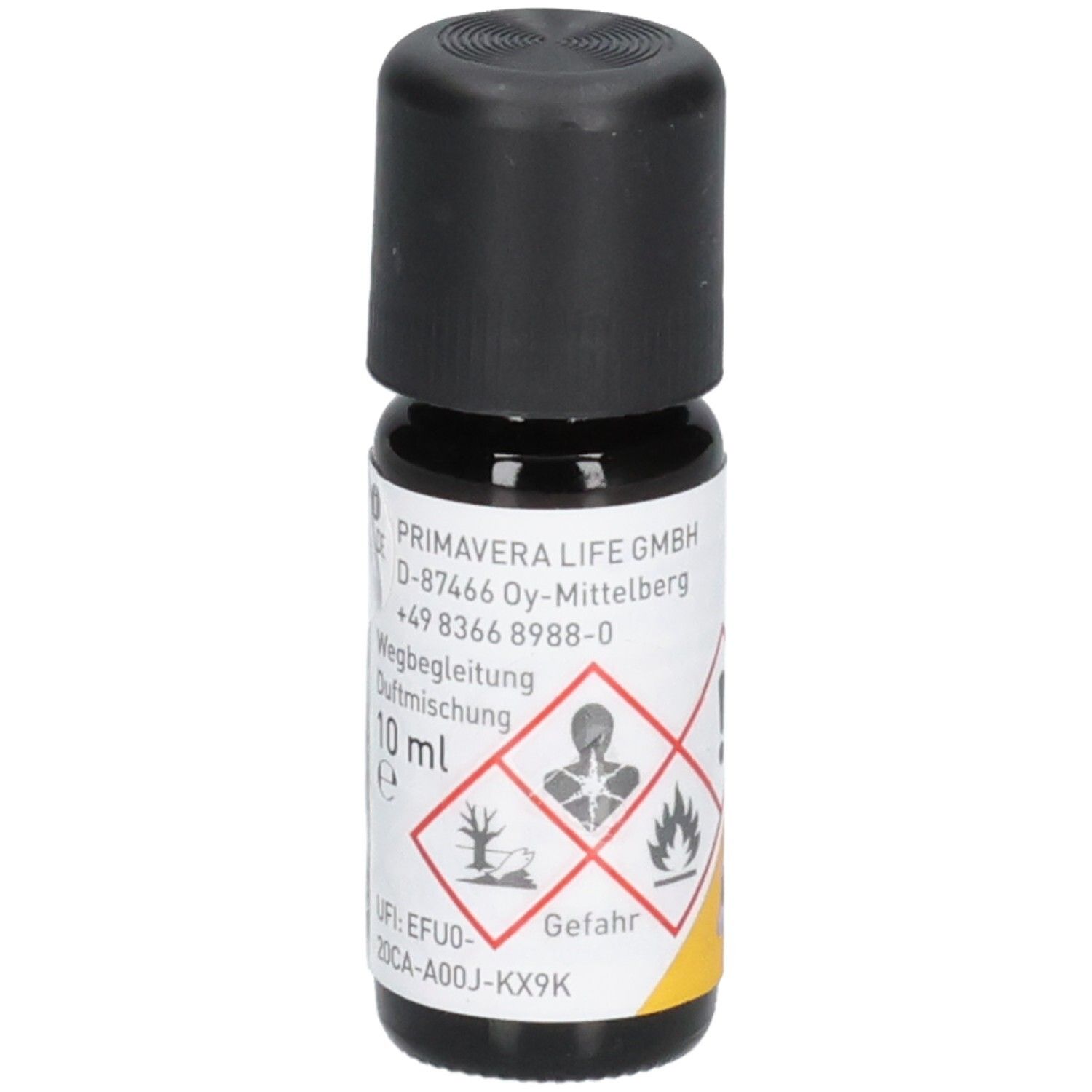 Flacon en verre brun avec bouchon noir. Étiquette avec PRIMAVERA, Wegbegleitung Duftmischung, 10 ml et symboles de danger.