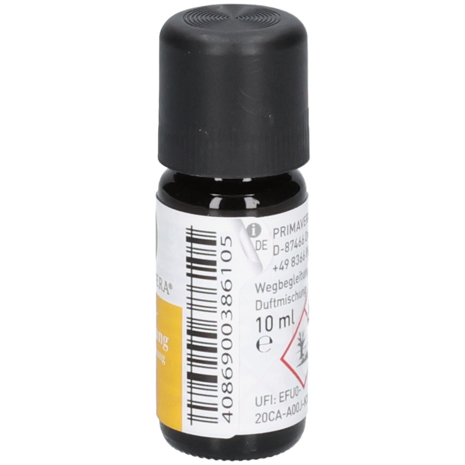 Flacon en verre brun avec bouchon noir. Étiquette avec PRIMAVERA, Wegbegleitung Duftmischung, 10 ml et code-barres.