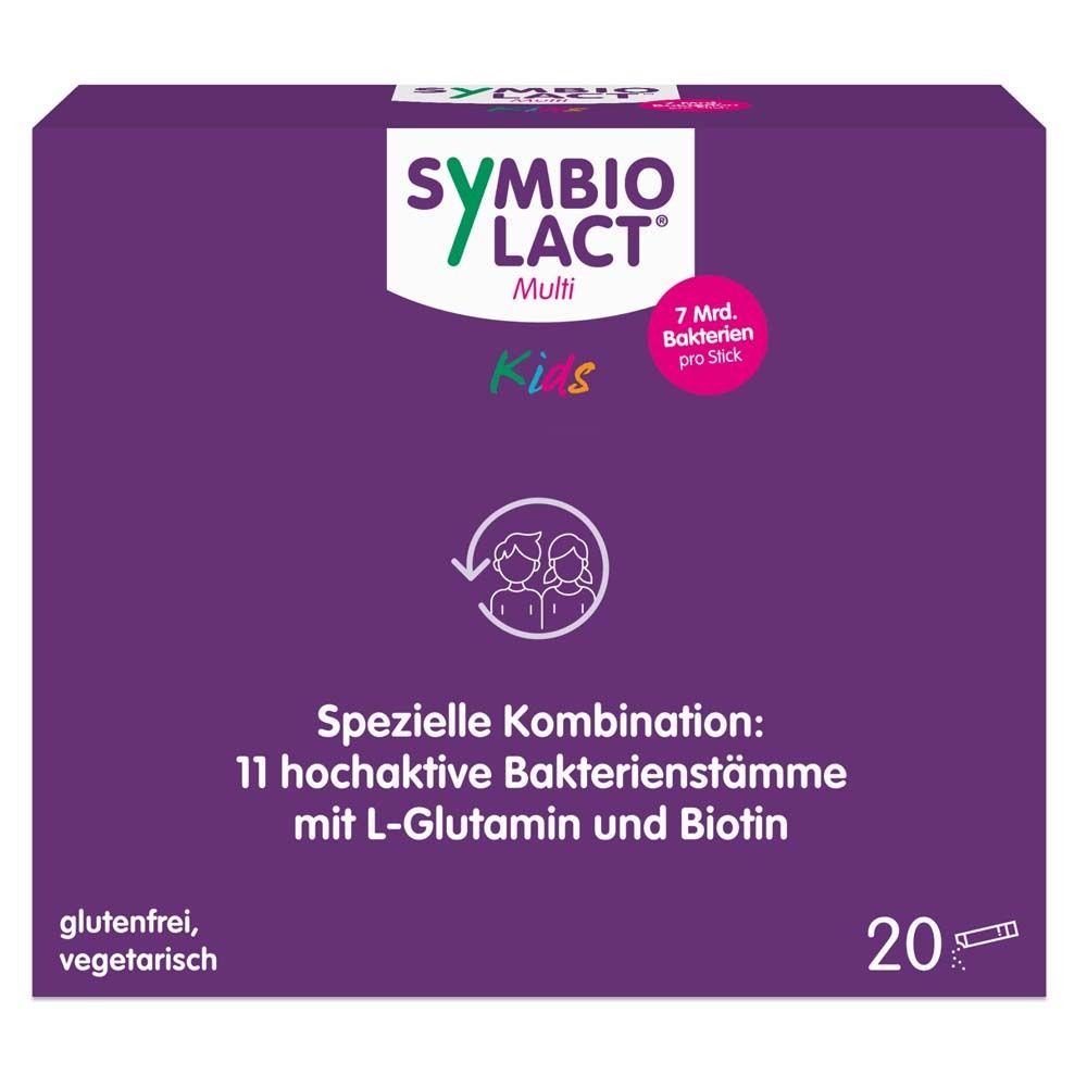 Lila Schachtel mit SYMBIOLACT Multi Kids. Enthält 20 Sticks. Aufschrift: 7 Bakterien pro Stick. Glutenfrei, vegetarisch.