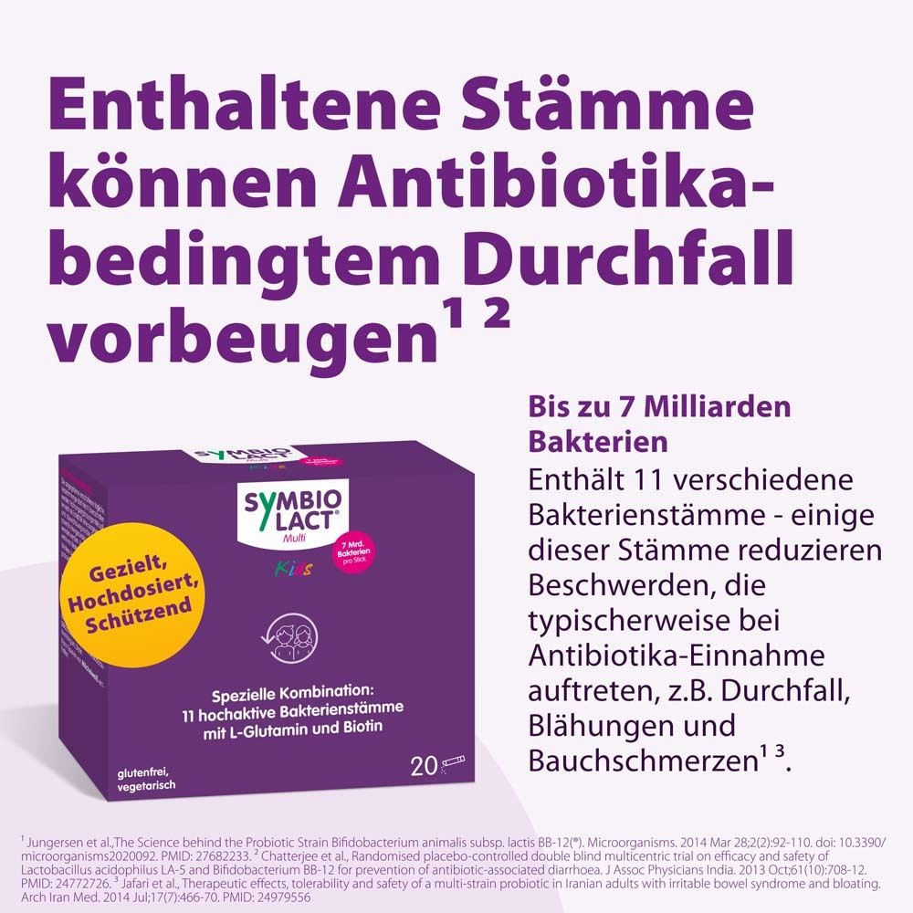 Lila Schachtel SYMBIOLACT Multi Kids. Text: 11 Bakterienstämme, L-Glutamin, Biotin. 20 Sticks. Text: Gezielt, hochdosiert, geschützt.