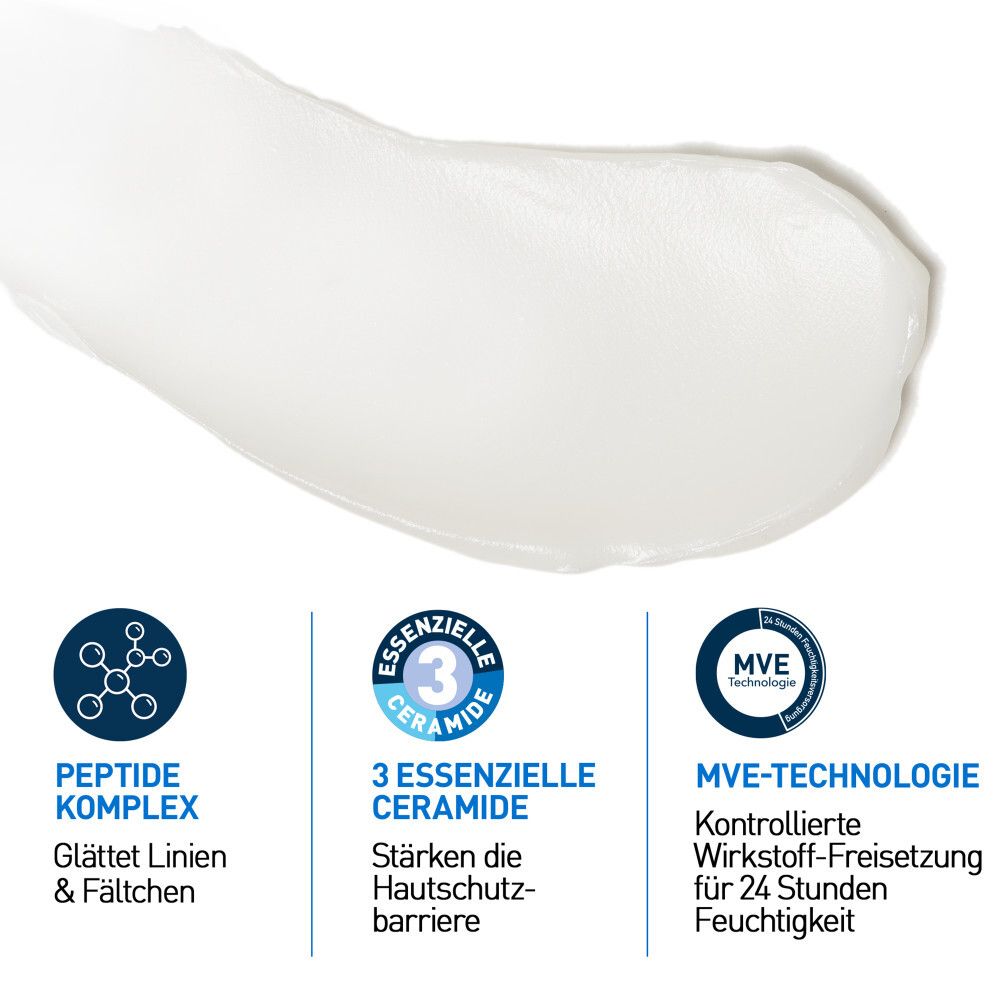 Gros plan sur la texture de la crème. Symboles: Complexe peptidique, 3 céramides essentiels, technologie MVE.