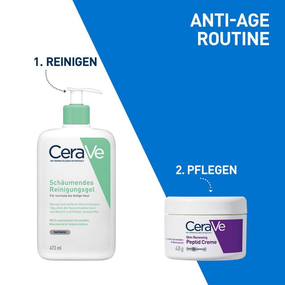 Routine anti-âge: Nettoyage avec gel nettoyant CeraVe, soin avec CeraVe Skin Renewing Peptid Creme.