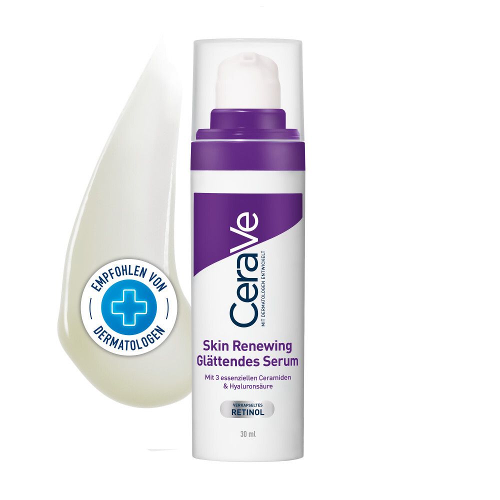 CeraVe Skin Renewing Serum. Weiße Flasche mit lila Akzenten. Mit Retinol. Empfohlen von Dermatologen.