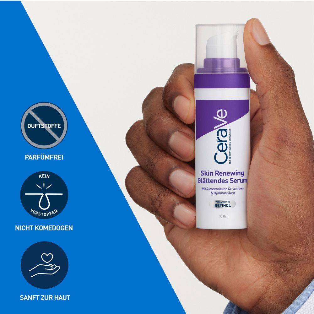 CeraVe Skin Renewing Serum in Hand. Ohne Duftstoffe, nicht komedogen, sanft zur Haut.